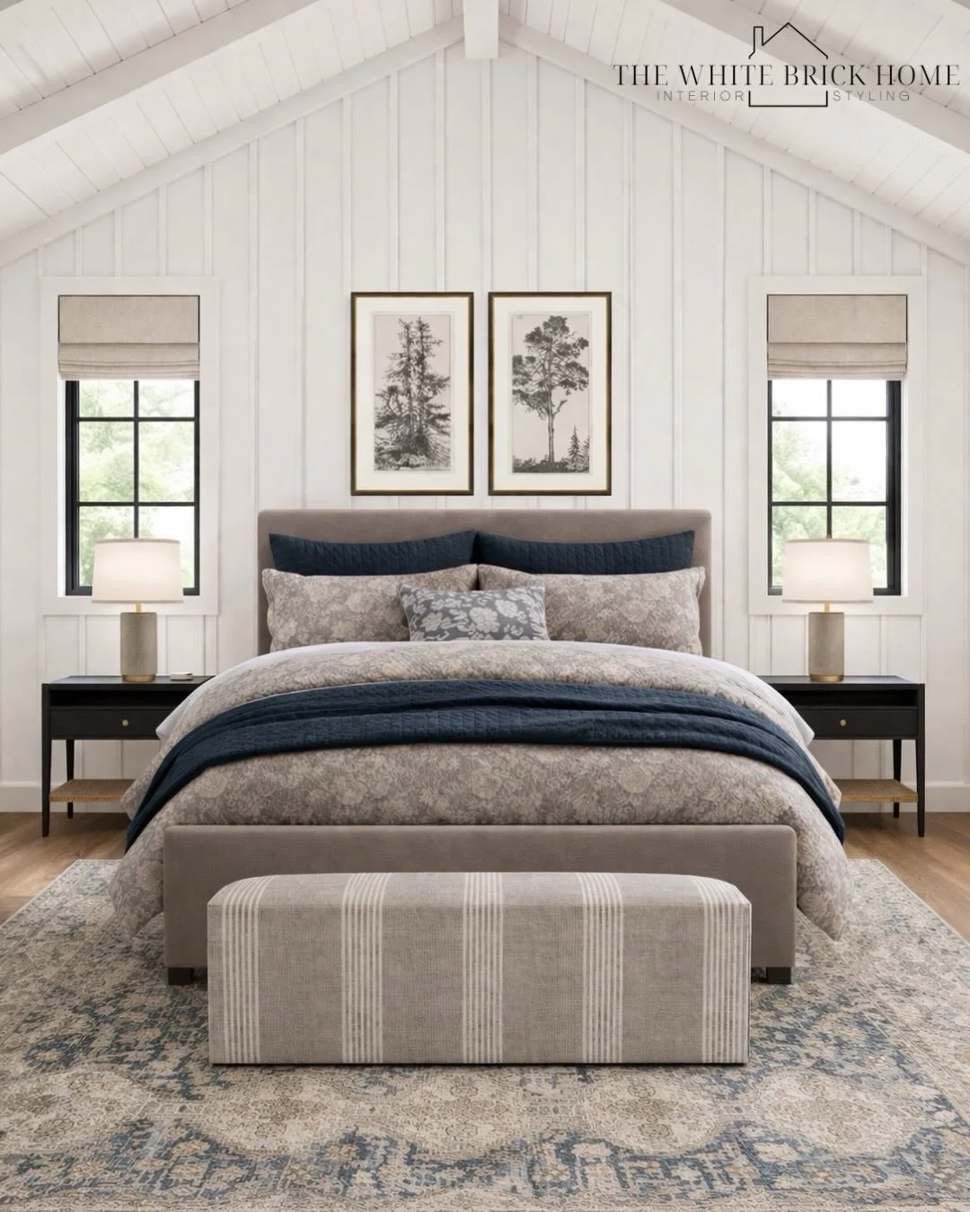 This is your sign to embrace soft neutrals + subtle contrast 🤍

A mix of warm textures, tailored layers, and just enough navy to ground the space&mdash;this bedroom feels calm, elevated, and effortlessly pulled together.

Comment SHOP below to recei