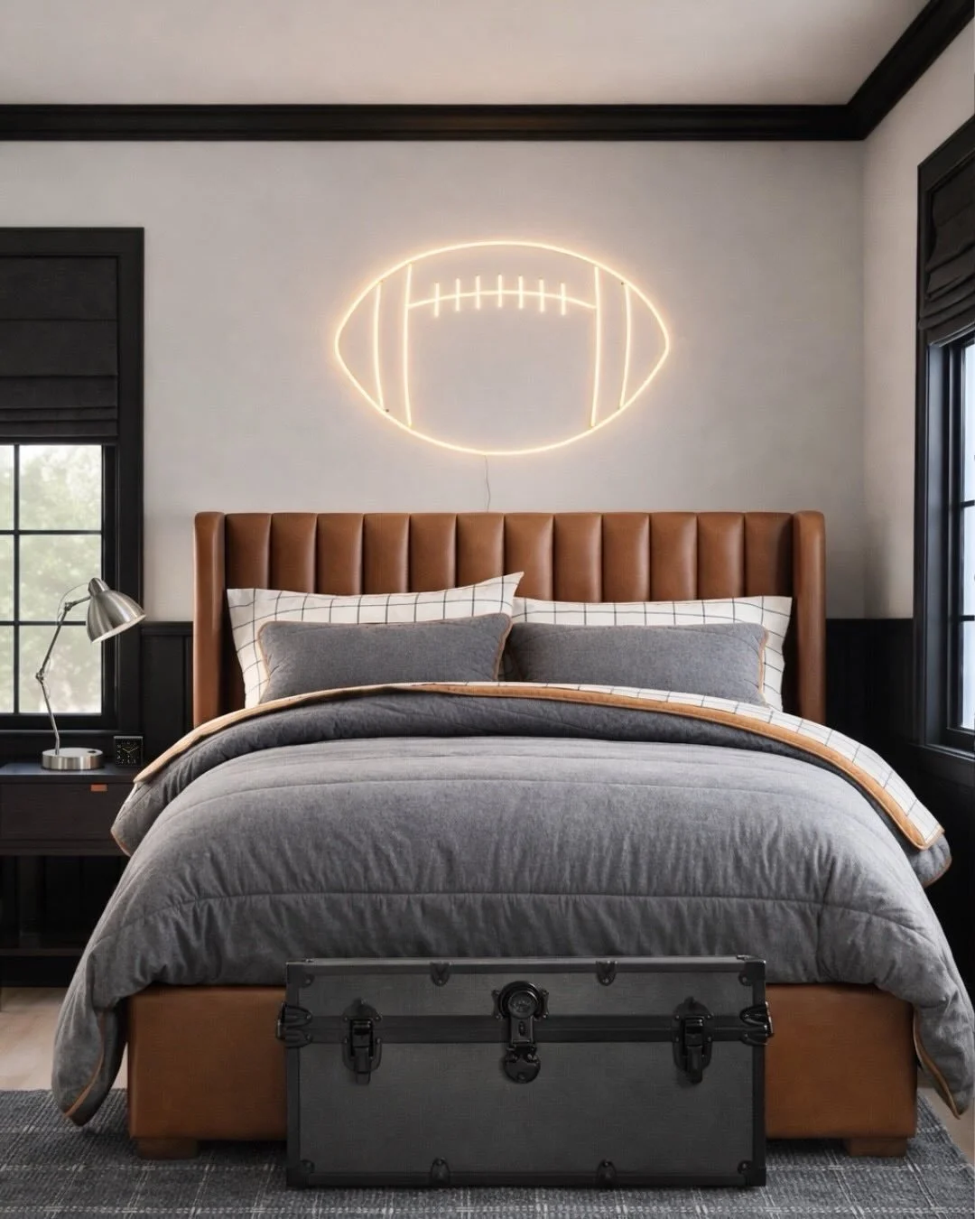 A teen boy&rsquo;s bedroom&hellip; but make it elevated 🏈✨ 

This space is all about mixing sporty details with a clean, modern feel - warm leather tones, bold black accents, and just the right amount of football-inspired pieces to keep it personal 