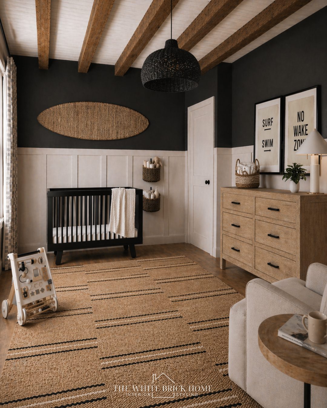 Modern Coastal Nursery Design: A Timeless, Neutral Space with Warm Wood &amp; Moody Contrast