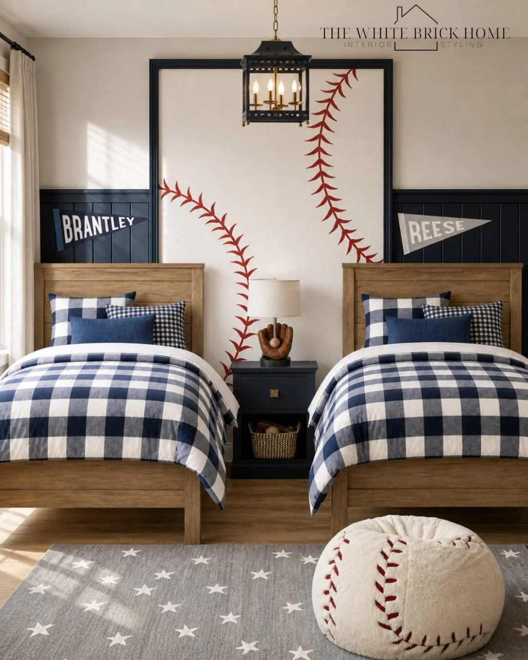 Double the beds, double the charm ⚾️🤍 This classic baseball-inspired boys room blends timeless navy gingham, warm wood tones, and playful vintage details for a space that feels both cozy and elevated.

Comment SHOP below to receive a DM with the lin
