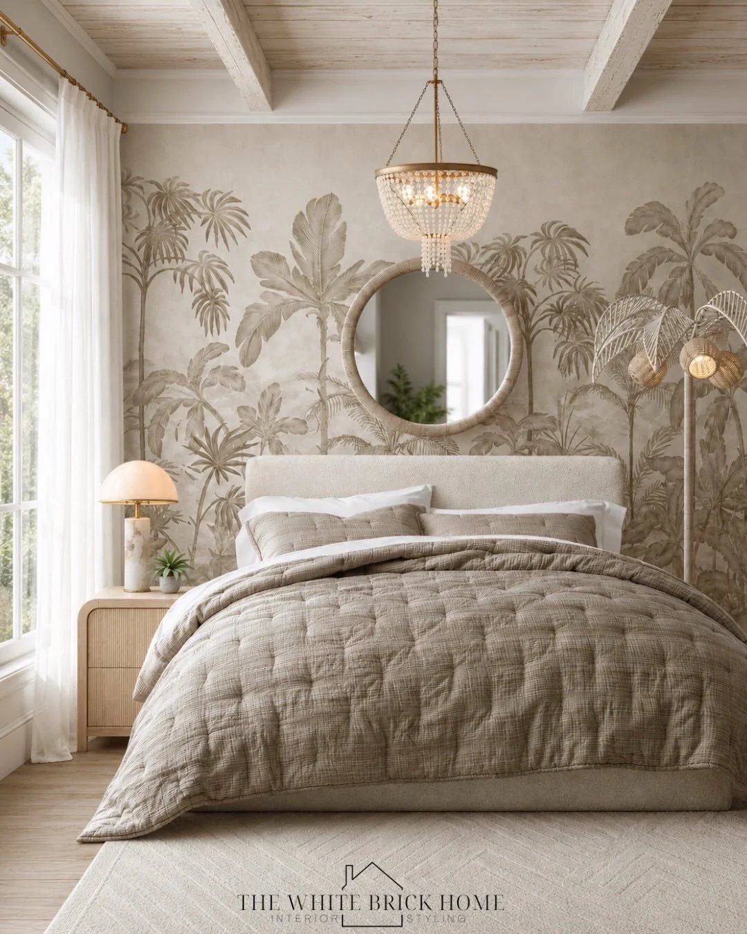 Soft coastal layers, dreamy neutrals, and the prettiest palm wallpaper moment 🌴✨ This teen bedroom was designed to feel elevated, calming, and effortlessly cozy &mdash; from the textured bedding to the warm wood tones and woven accents. A beautiful 