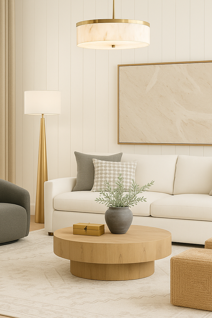A modern living room with a white sofa, a wooden coffee table, a gray armchair, and neutral-toned decor including pillows, a vase with greenery, a floor lamp, and a ceiling light fixture.