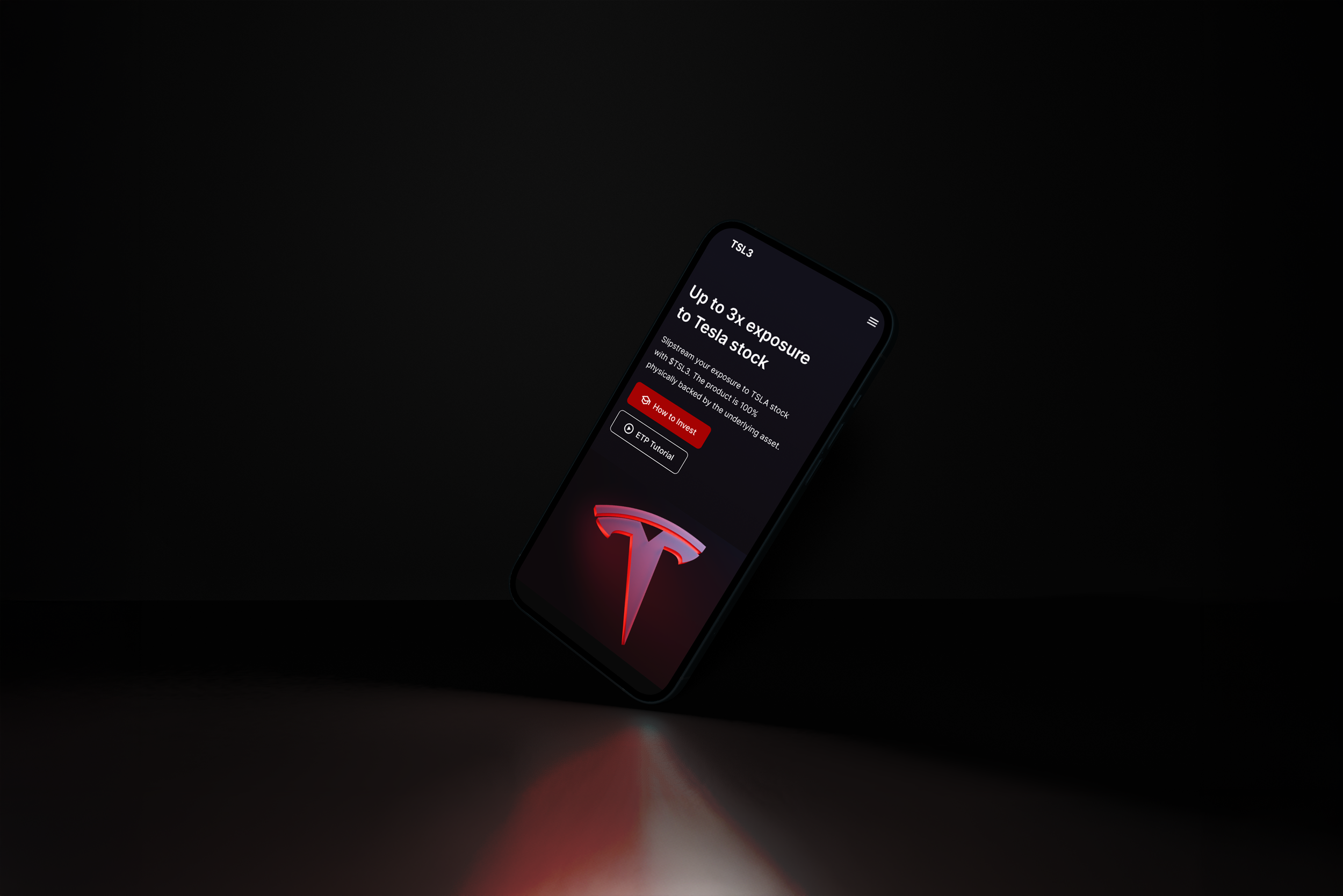 Smartphone displaying a Tesla stock investment app interface with promotional text and buttons for how to invest and an ETP tutorial. The background is dark.