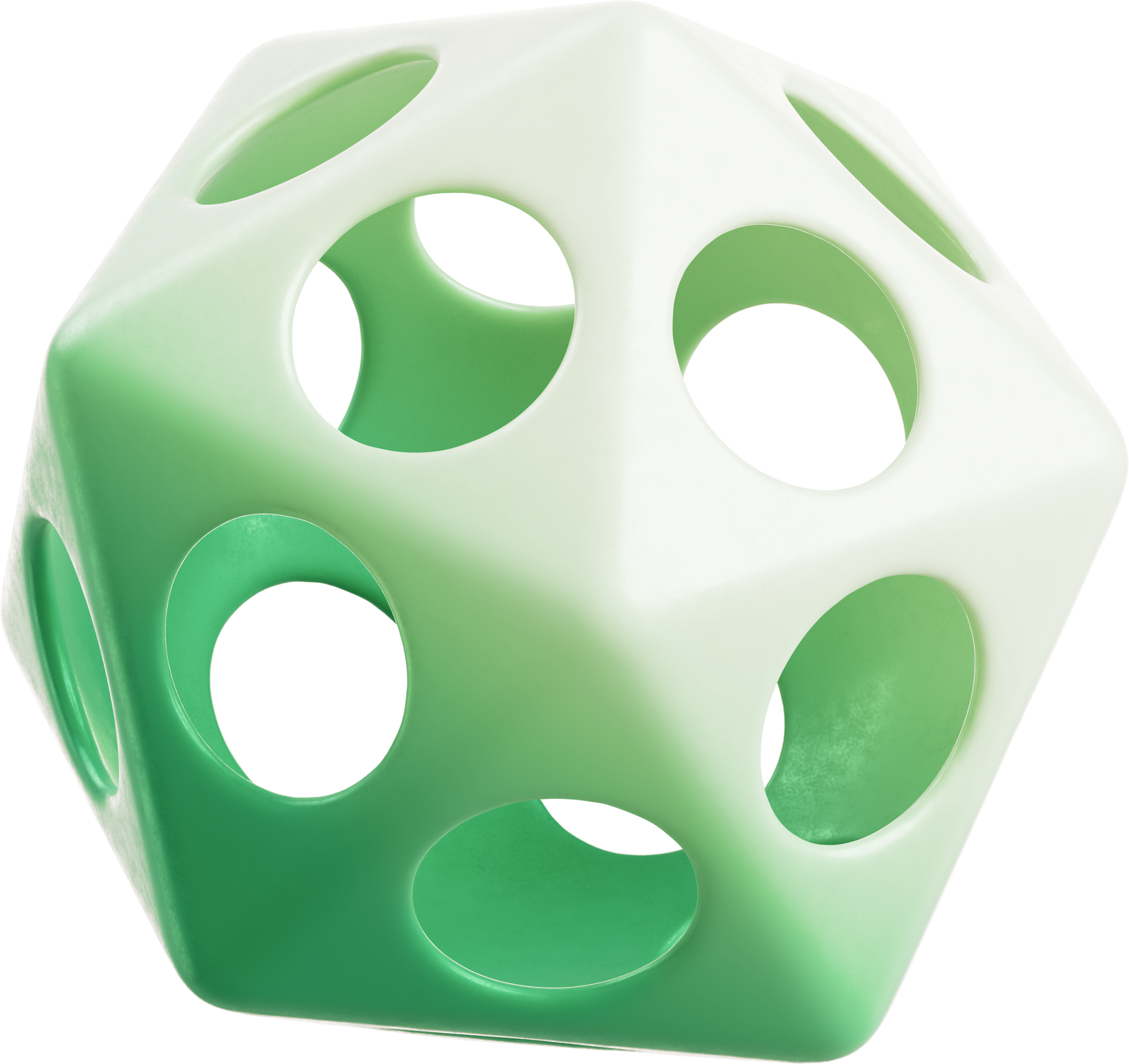 A green and white dodecahedron featuring circular holes on each face.