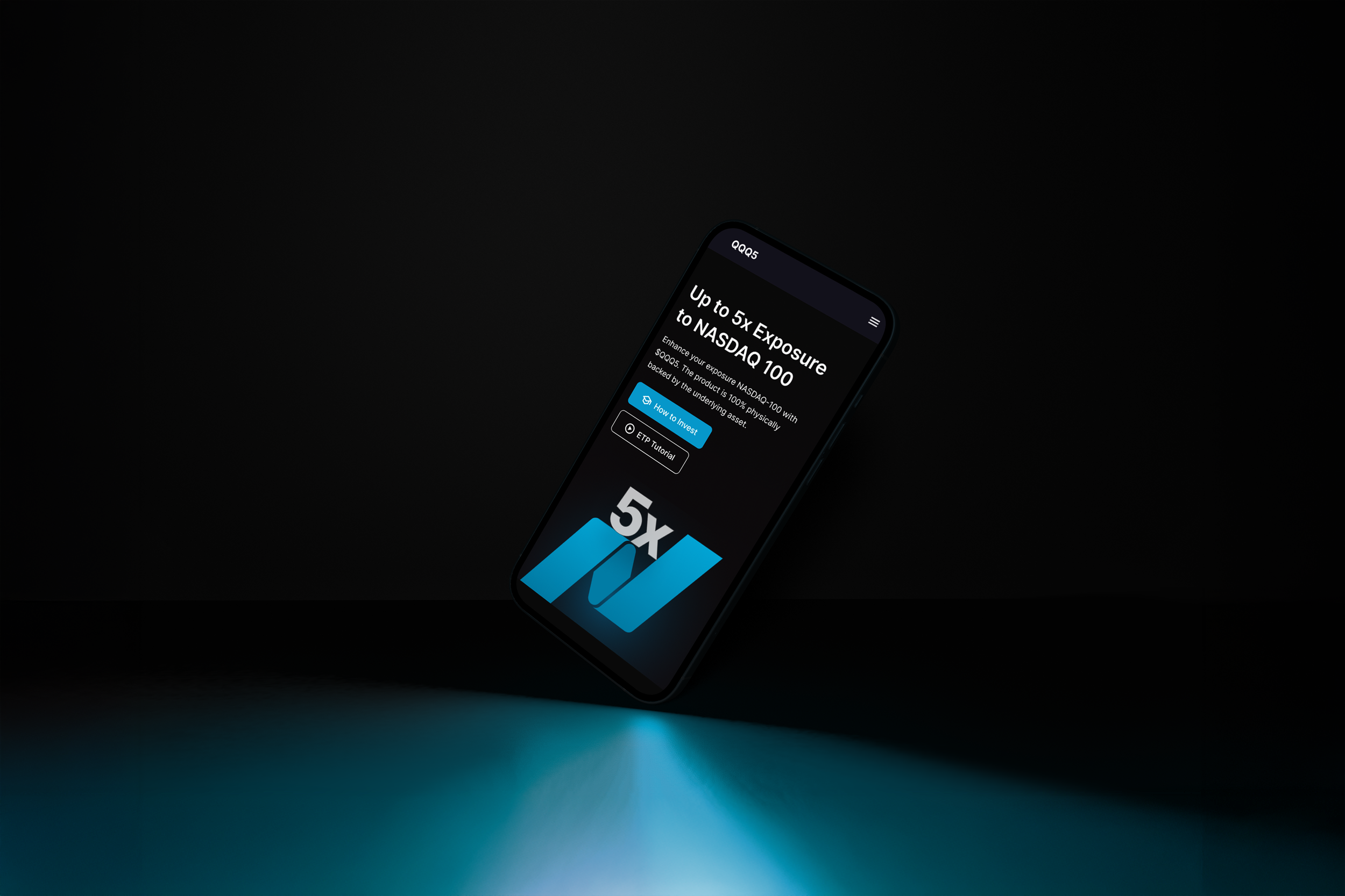 Smartphone displaying a financial app promoting up to 5x exposure to NASDAQ 100 with dark background and blue lighting.