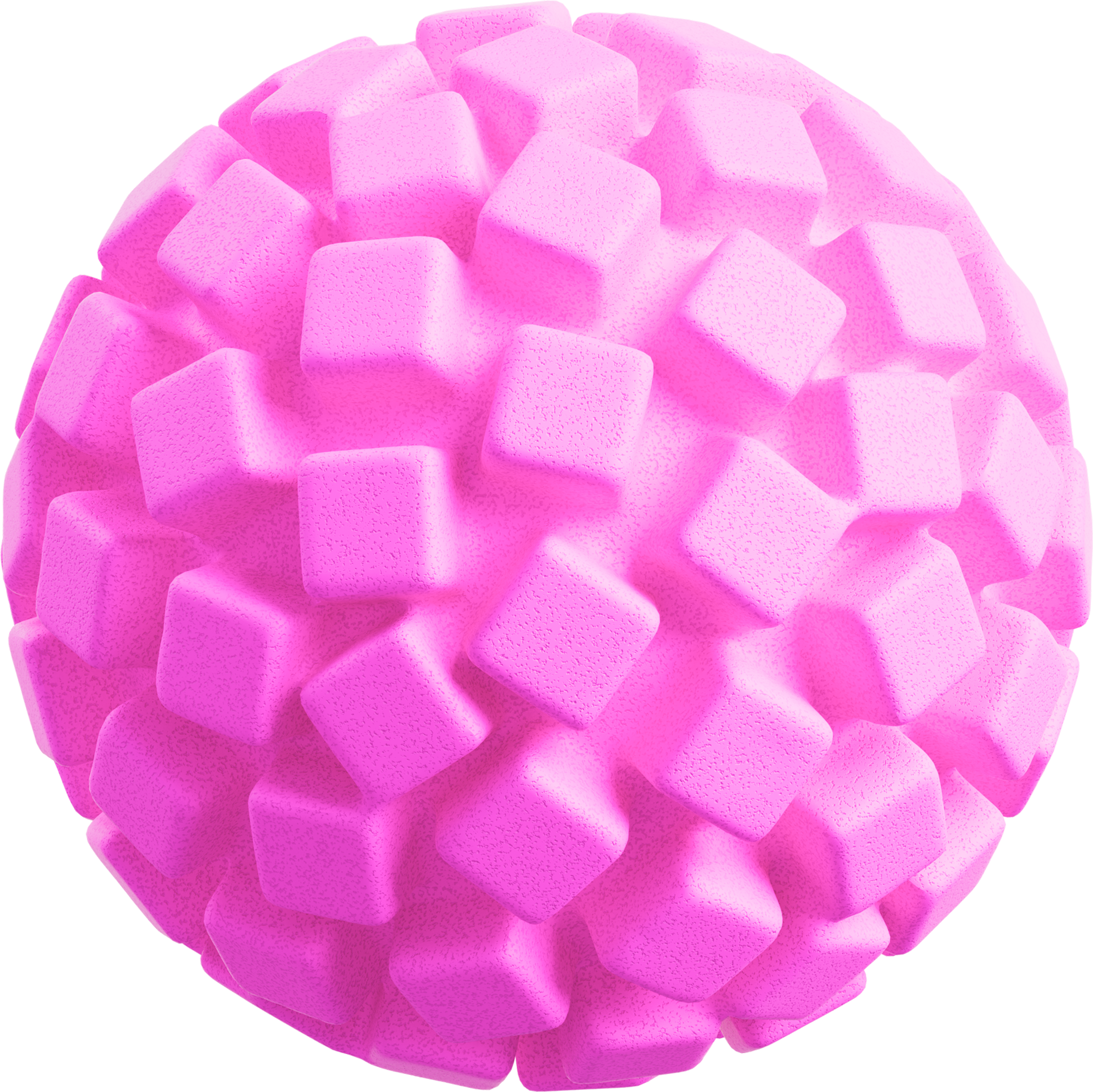 Pink spherical object with cube-like protrusions.