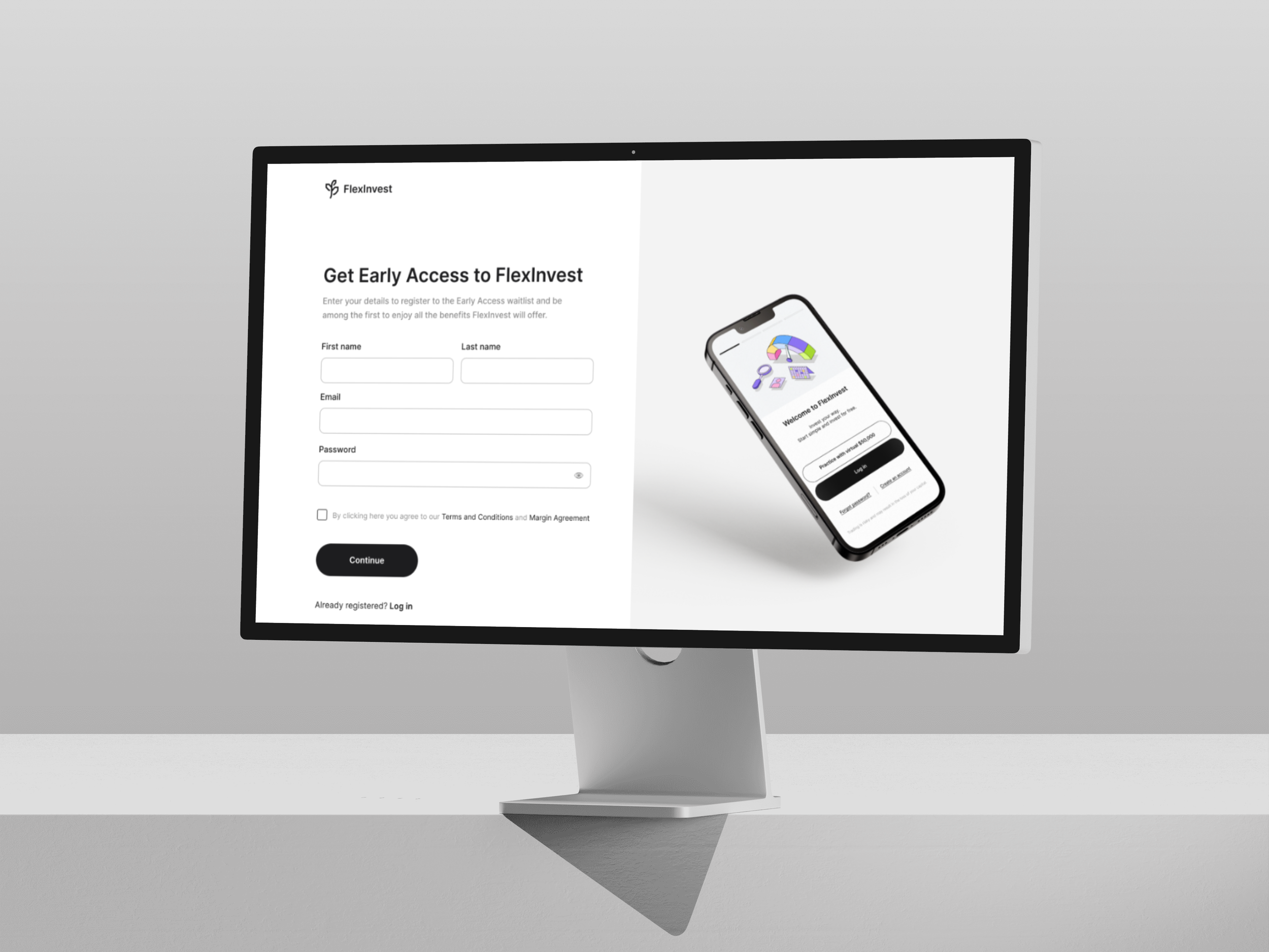 Computer monitor displaying a Sign-Up form for early access to trading app with fields for first name, last name, email, and password. To the right, an illustration of a smartphone showing a financial app interface.