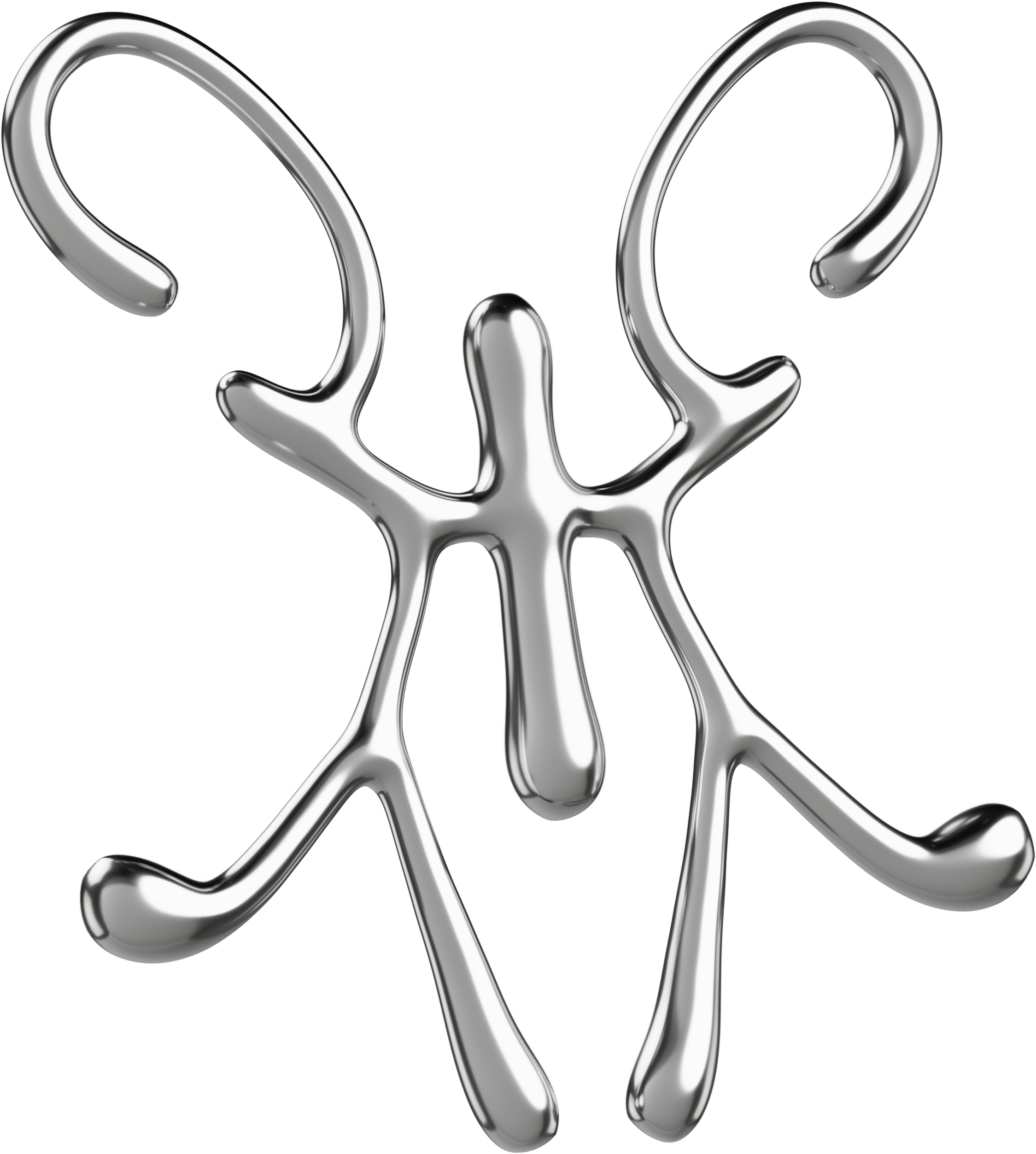 Silver abstract symmetrical shape with curved and elongated lines, resembling a stylized insect.