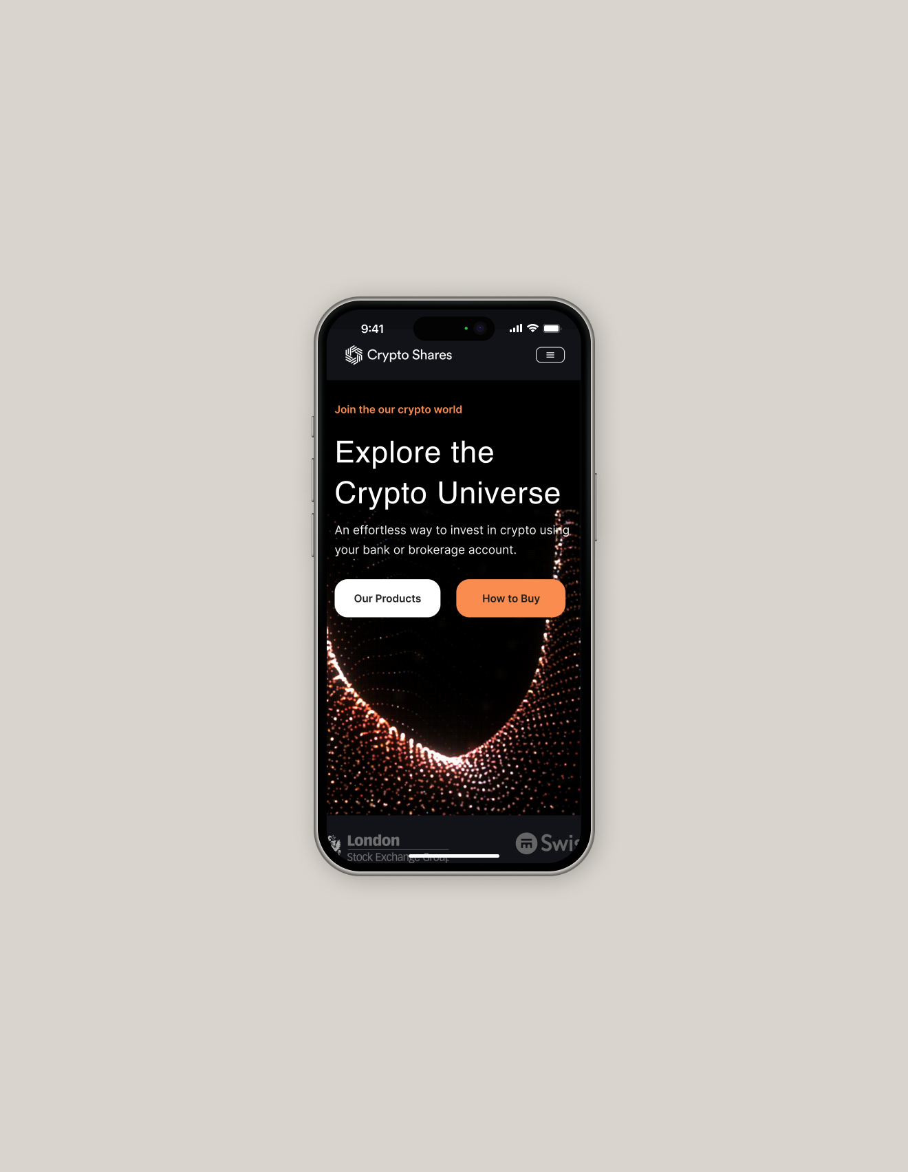 Smartphone screen displaying a cryptocurrency app interface with the text "Explore the Crypto Universe" and buttons labeled "Our Products" and "How to Buy." Background features a digital graphic with glowing dots.