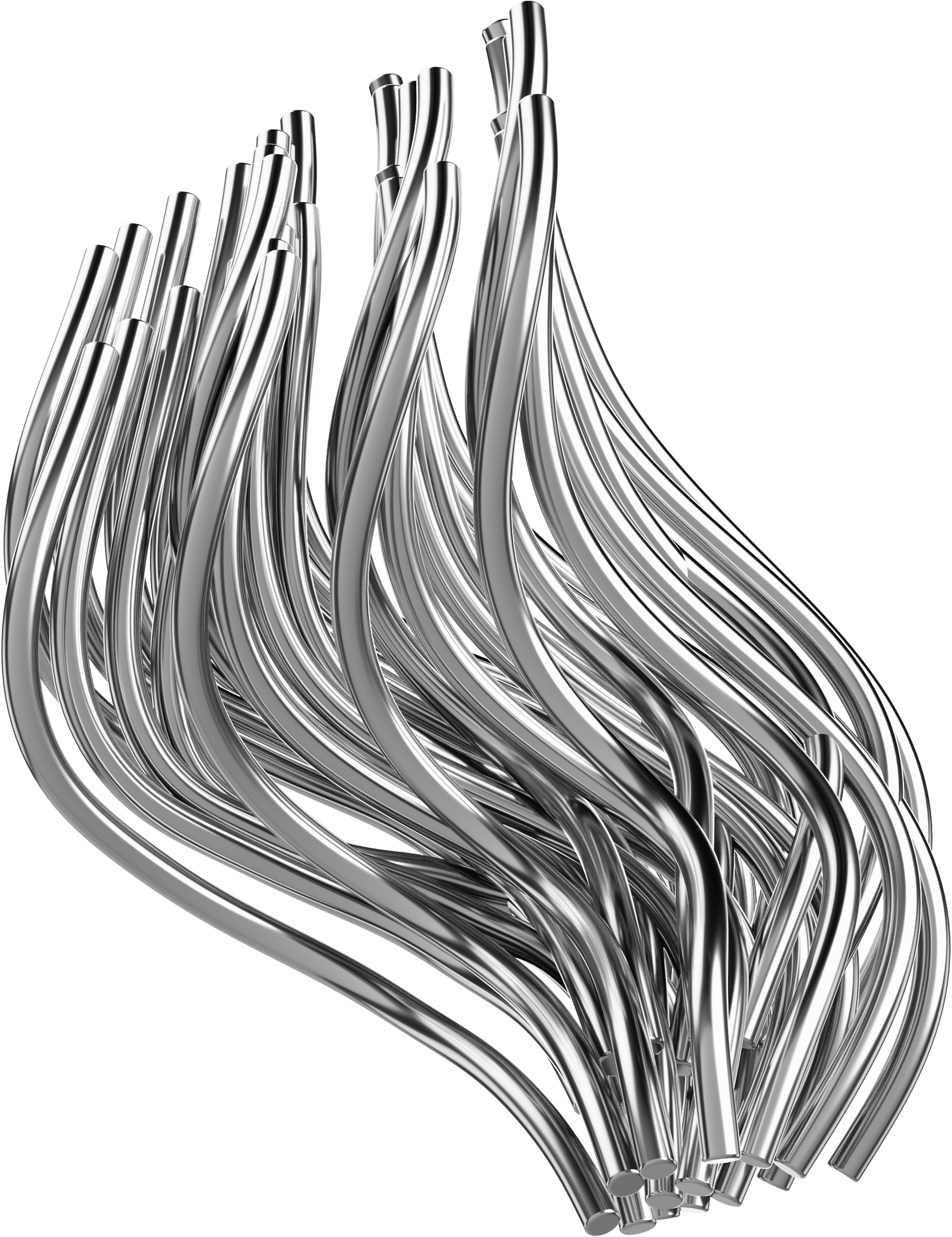 Twisted chrome rods in a dynamic, wave-like formation on a black background.