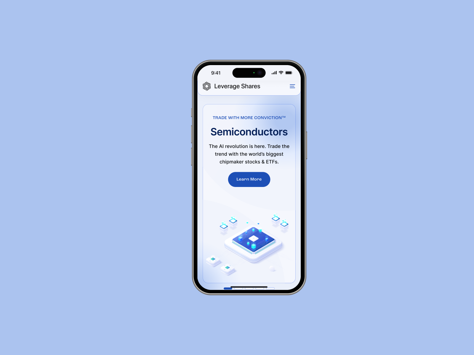 Smartphone displaying Leverage Shares website about semiconductors, featuring AI revolution text and investment opportunities.