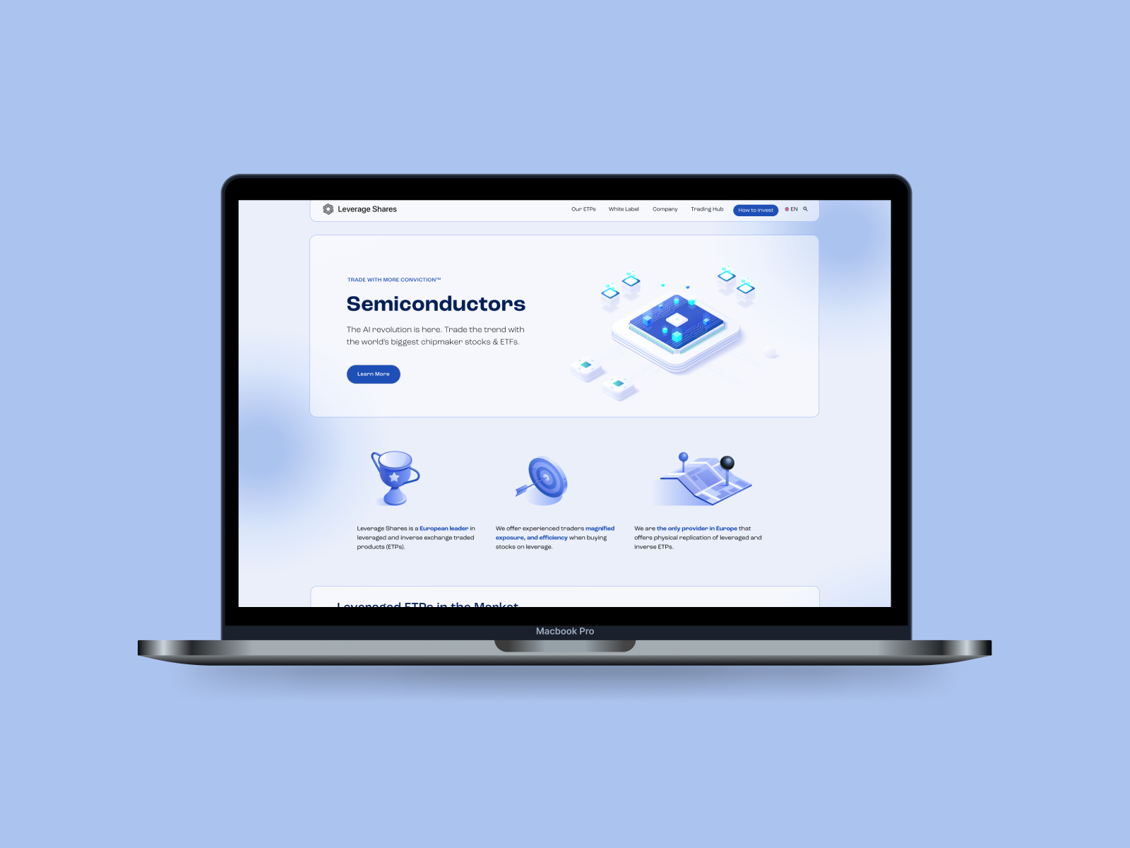 MacBook Pro displaying an investment website about semiconductors