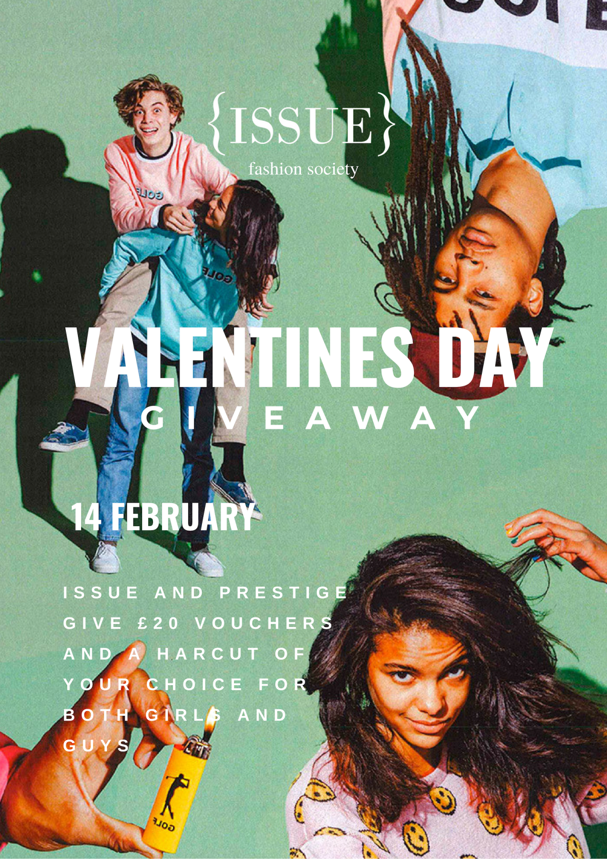 Promotional poster for ISSUE fashion society's Valentine's Day giveaway, featuring diverse people, text detailing a February 14th event, and mentions of vouchers and haircuts.
