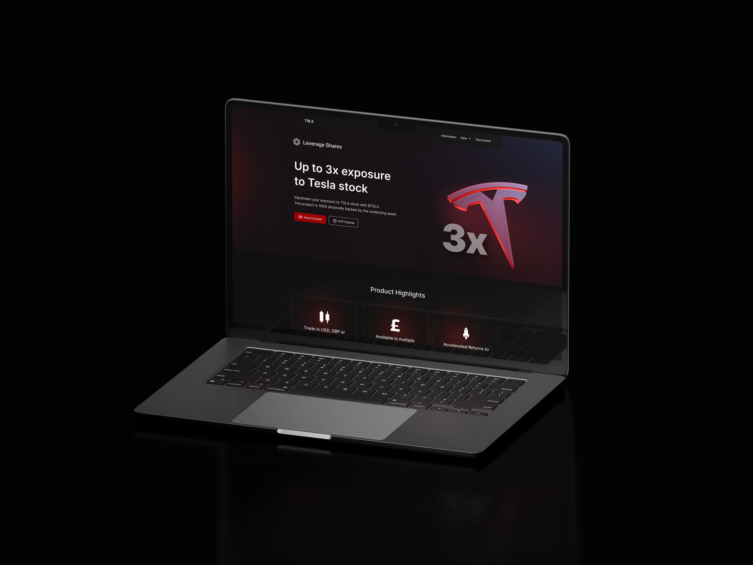 Laptop displaying a financial website featuring Tesla stock exposure with 3x leverage option.
