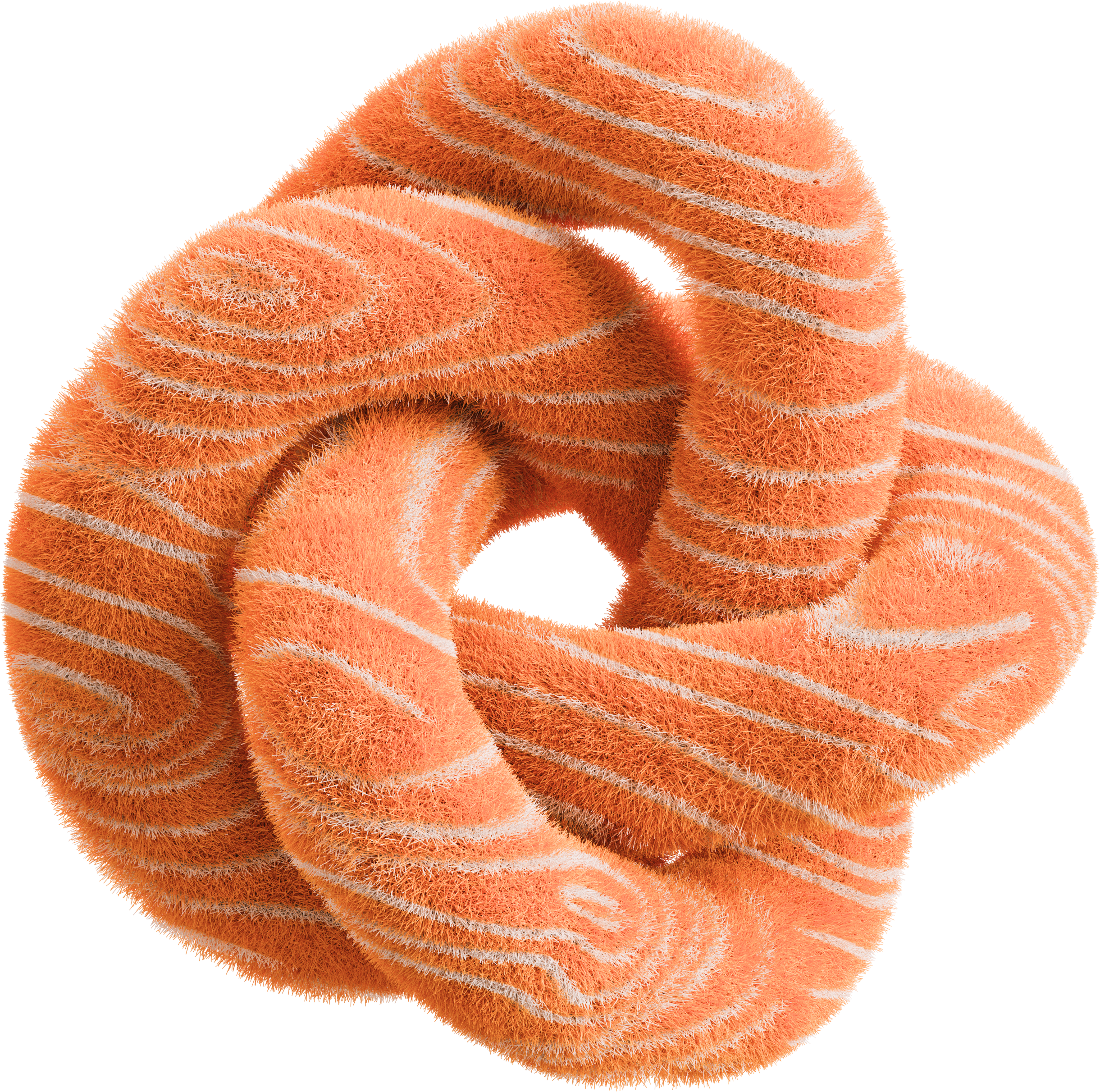 Abstract fuzzy orange torus with striped pattern, resembling wood grain texture.