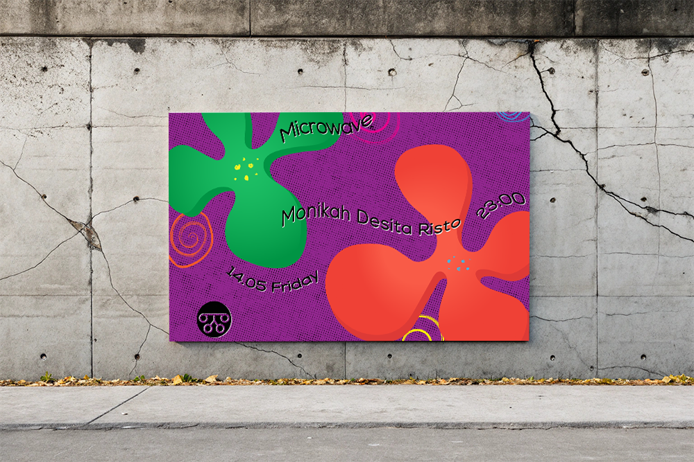 Abstract poster on concrete wall with colorful floral designs advertsing electronic music event at club Micro, Sofia.
