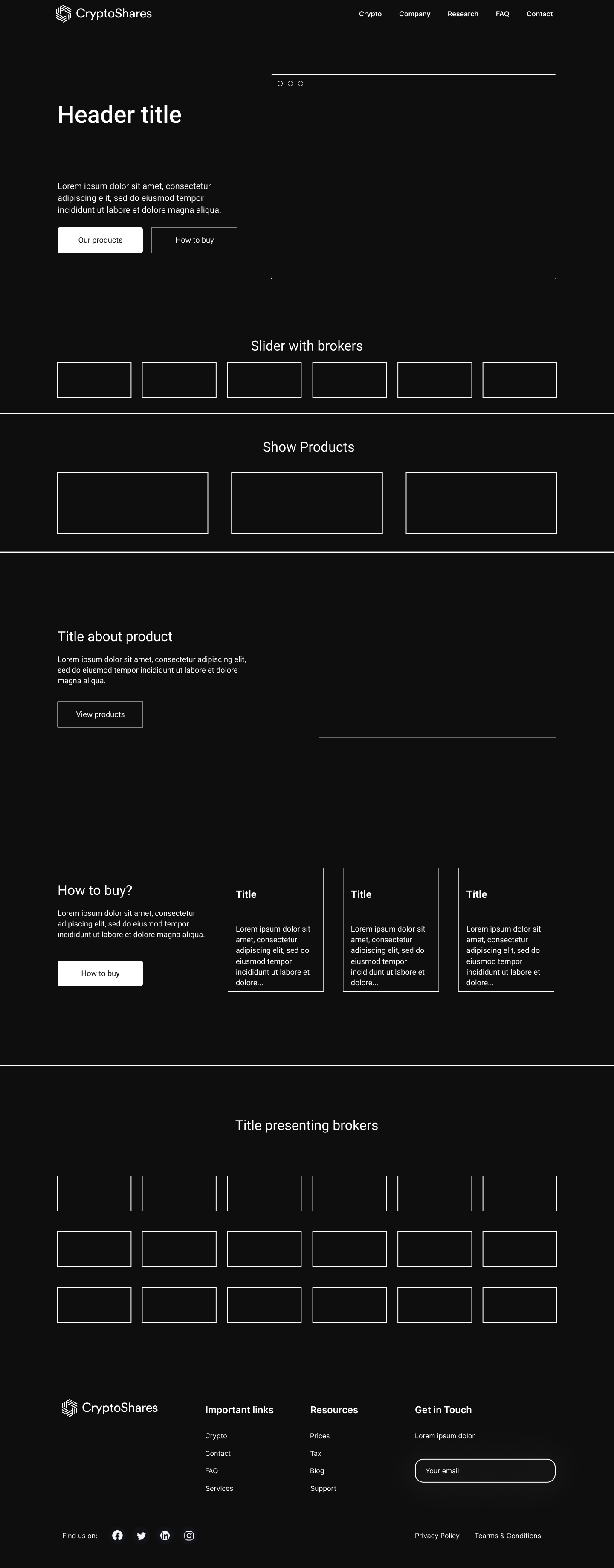 CryptoShares website layout featuring header, navigation menu, product sections, broker slider, and contact links. Includes placeholder text and buttons for product and purchasing information.