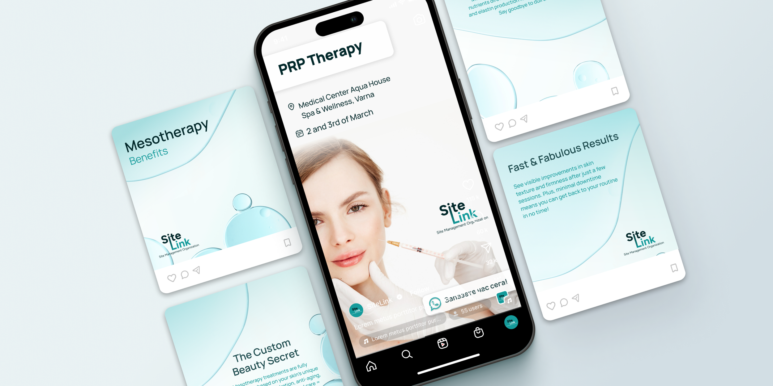 Promotional content for PRP and mesotherapy treatments showing a smartphone screen and flyers with details about benefits and fast results. Includes a woman receiving an injection and branding for Site Link.