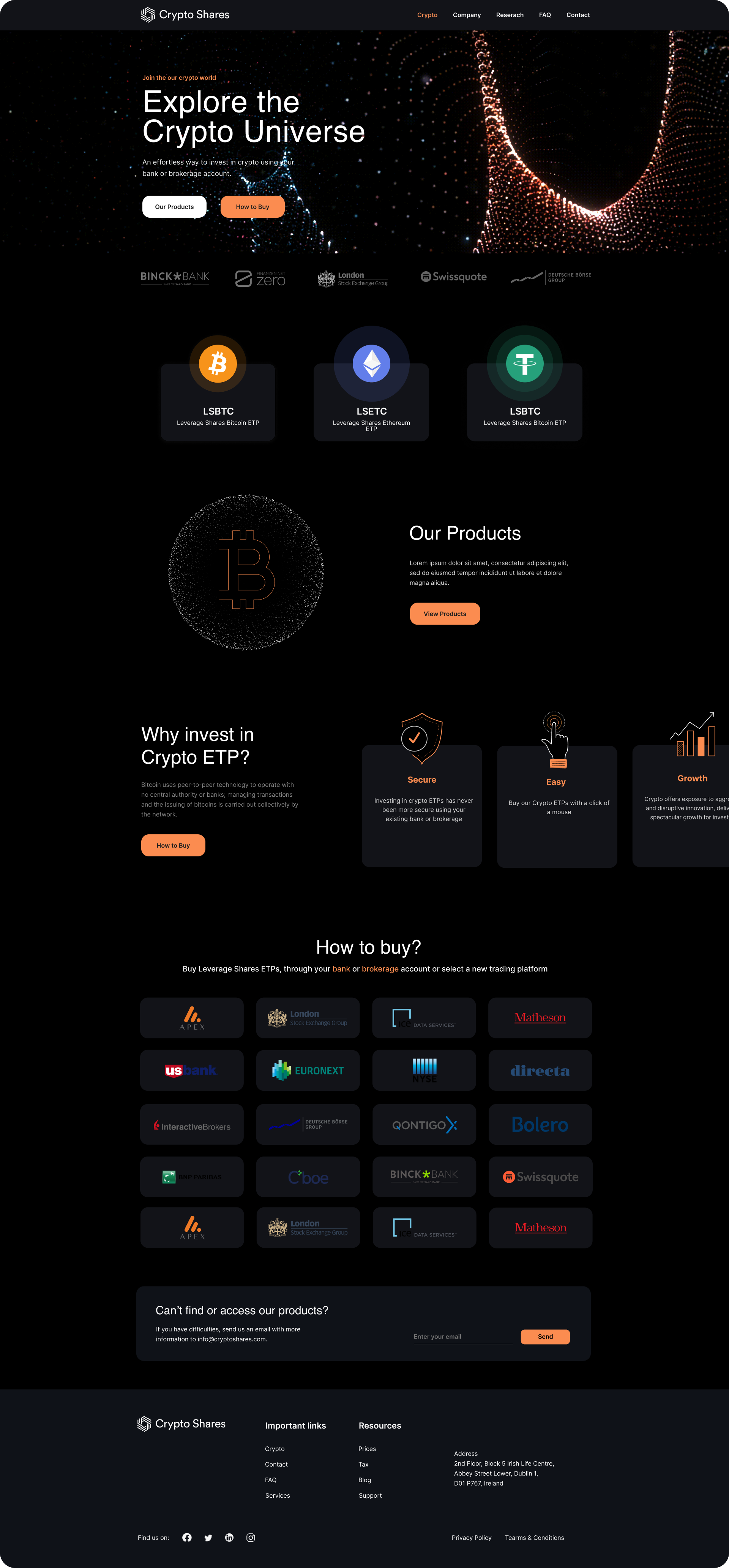 Website homepage of Crypto Shares, featuring options to explore crypto investment products like LSBTC and LSETC ETPs. Includes partner logos, product descriptions, and instructions on buying through banks or platforms. Footer with contact details and links.