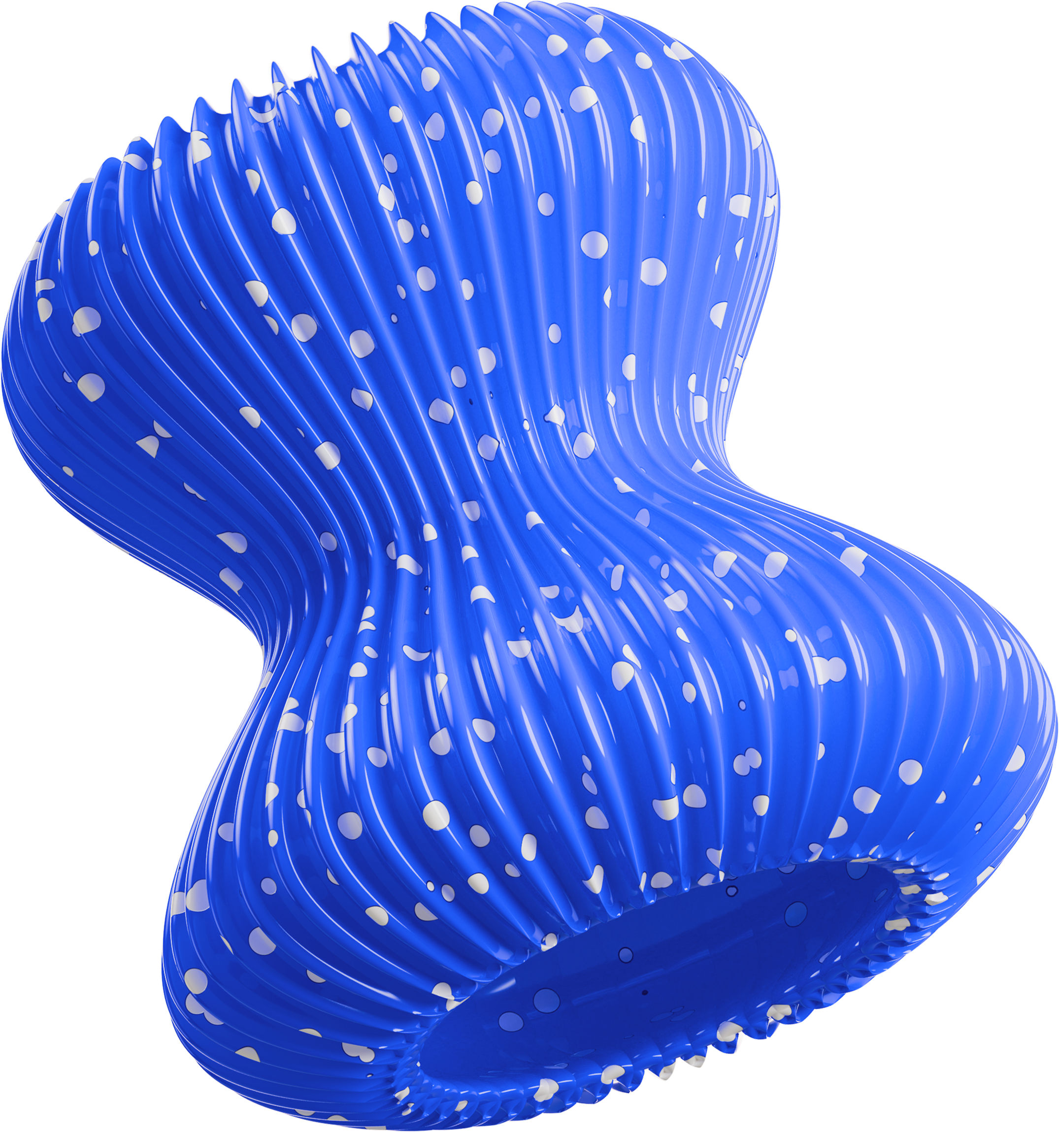 Abstract blue 3D object with white dots and wave-like contours.