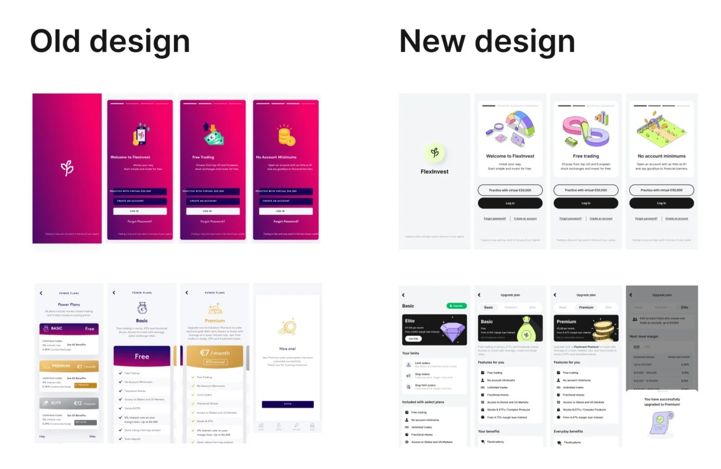 Comparison of old and new designs for a FlexInvest app interface, showing changes in color scheme, layout, and iconography.