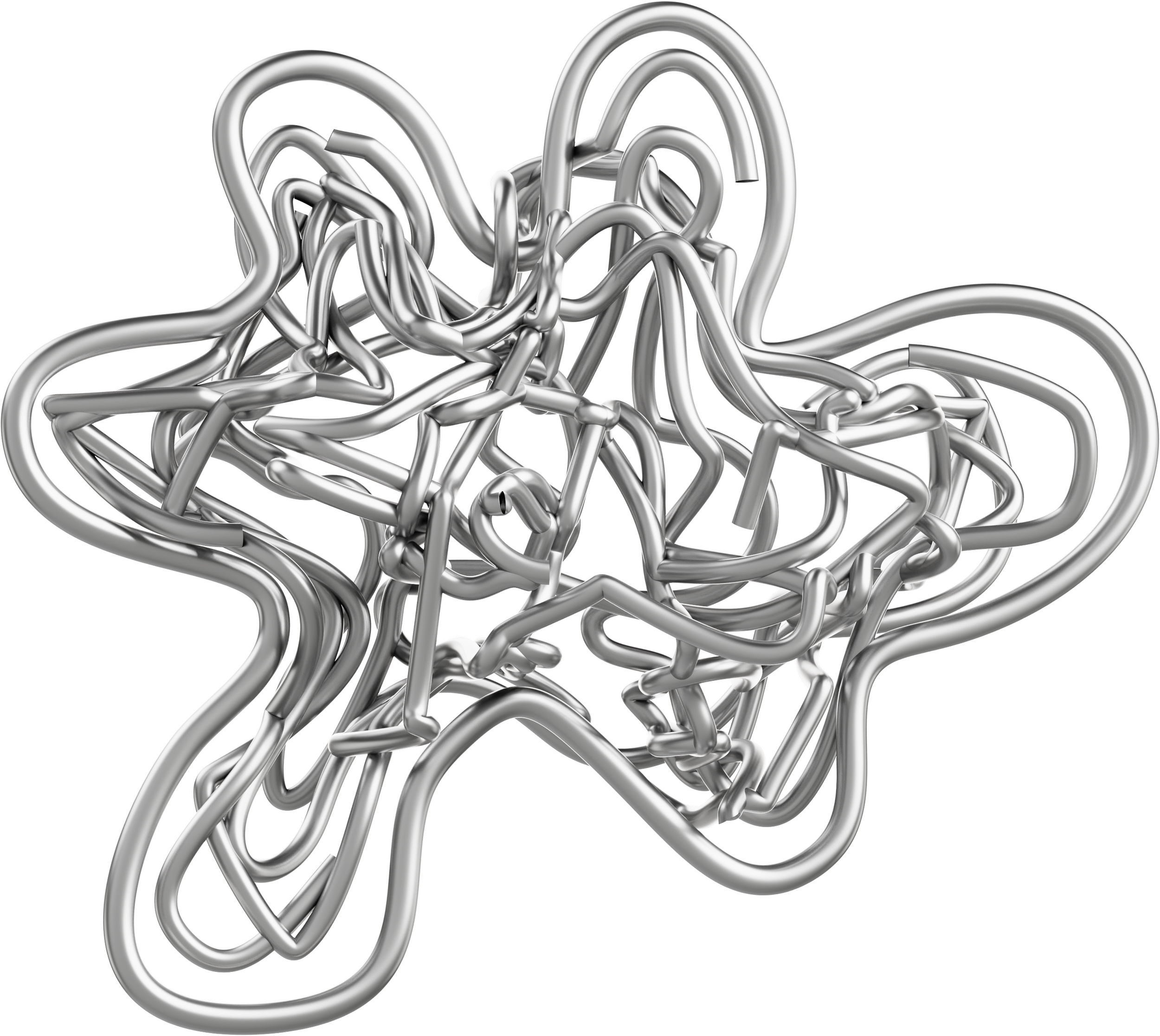 Complex silver abstract wire sculpture with intertwined loops forming a star-like shape, on a transparent background.