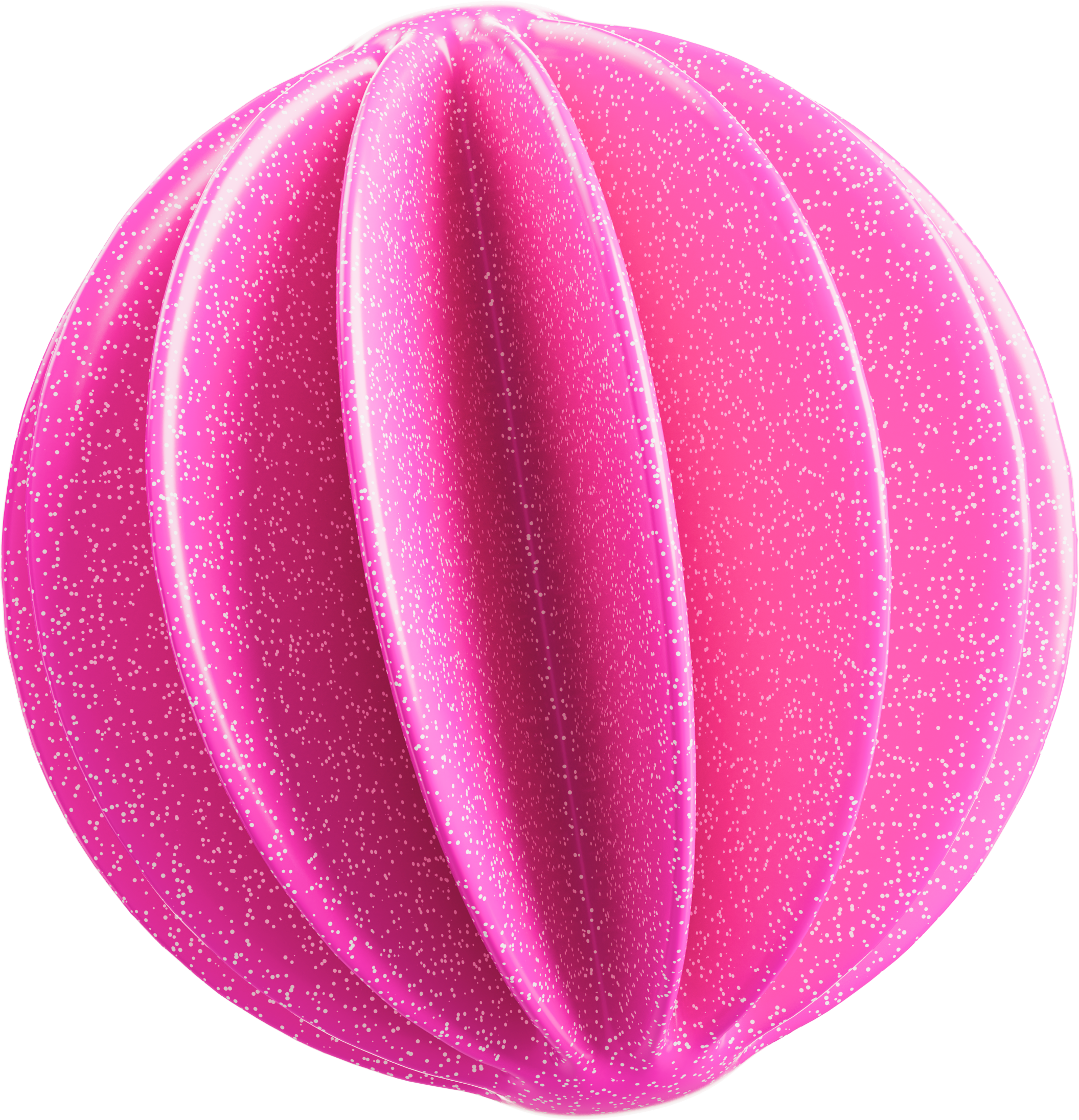 Pink spherical object with segmented design and speckled texture