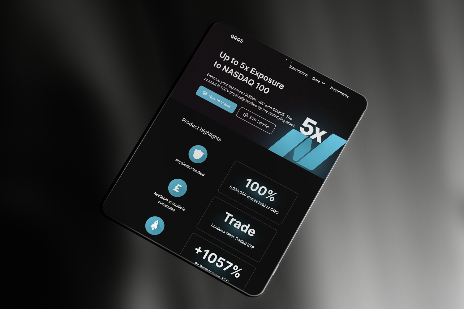 Tablet displaying a financial website offering 5x exposure to NASDAQ 100, with product highlights such as physically-backed assets and multiple currency options on a black background.