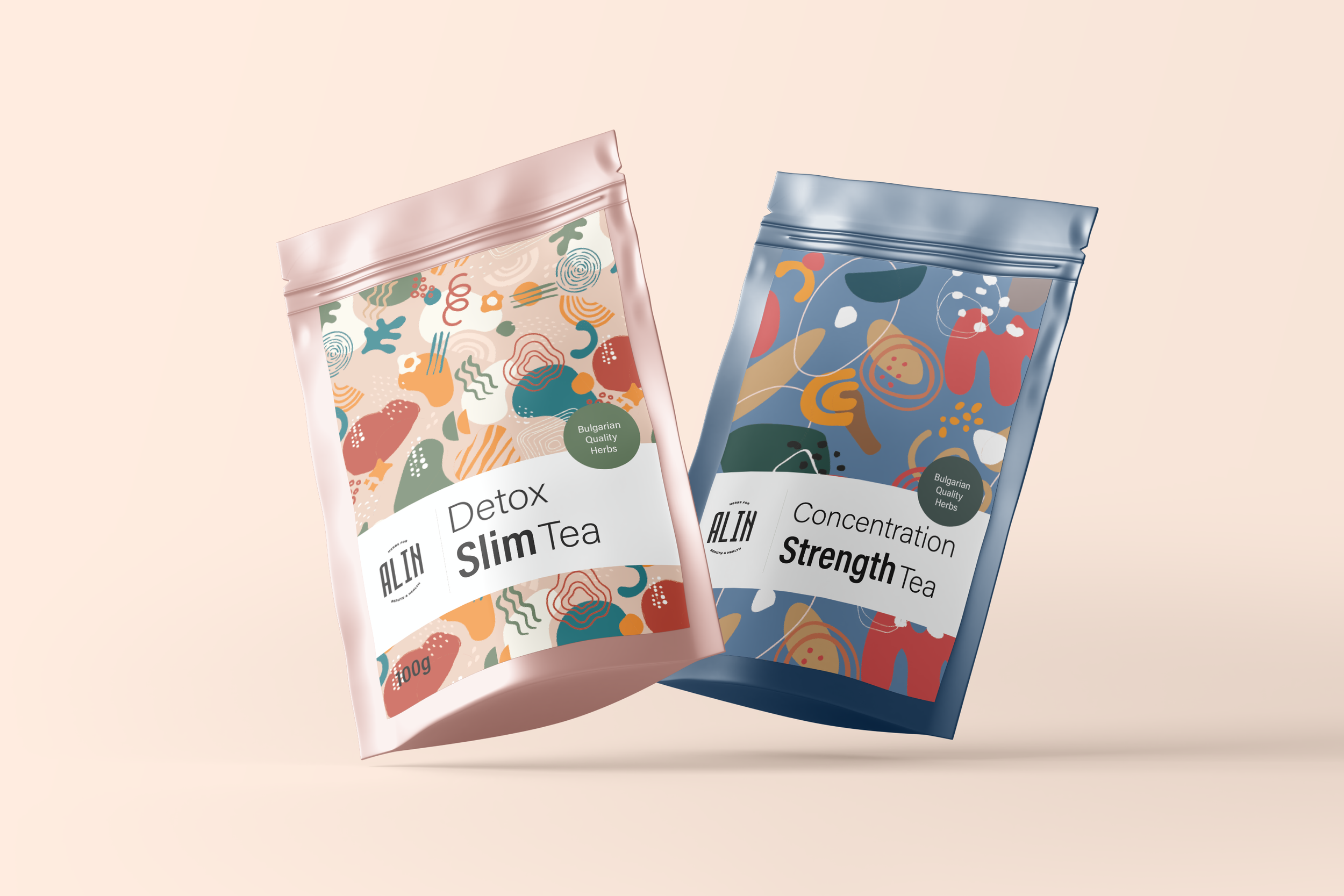 Two colorful tea packages labeled "Detox Slim Tea" and "Concentration Strength Tea" with abstract designs.