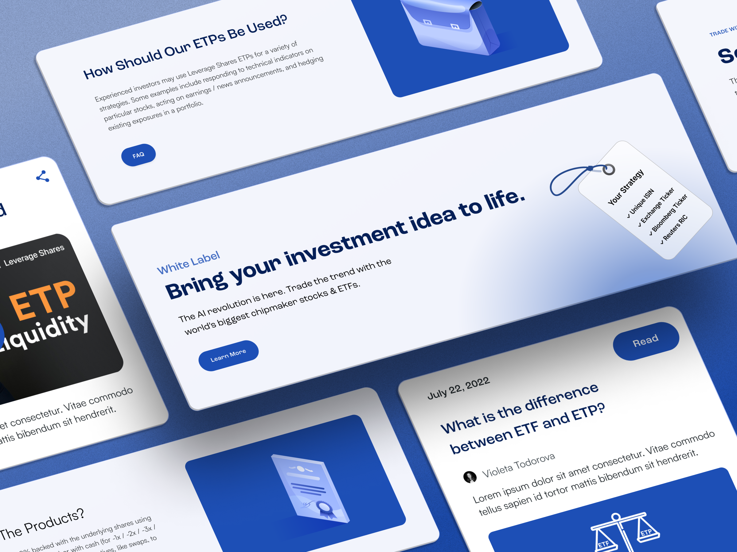 A graphic layout featuring various business and investment-themed cards. Text includes phrases like 'How Should Our ETPs Be Used?' and 'Bring your investment idea to life.' There are visual elements such as icons, tags, and call-to-action buttons like 'FAQ,' 'Learn More,' and 'Read.' The image uses a blue and white color scheme and has content related to investment products and ETPs (Exchange-Traded Products).