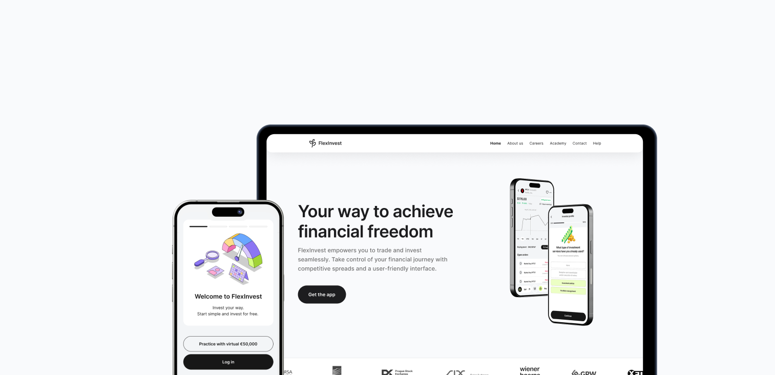 Mockup of a mobile phone and tablet displaying trading app features, showcasing investment options and financial freedom message.