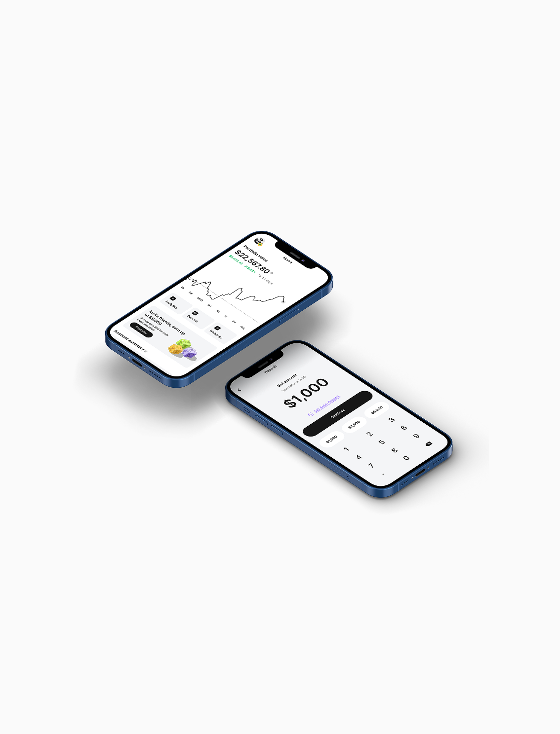 Two smartphones displaying a financial app interface with a balance sheet and transfer options.