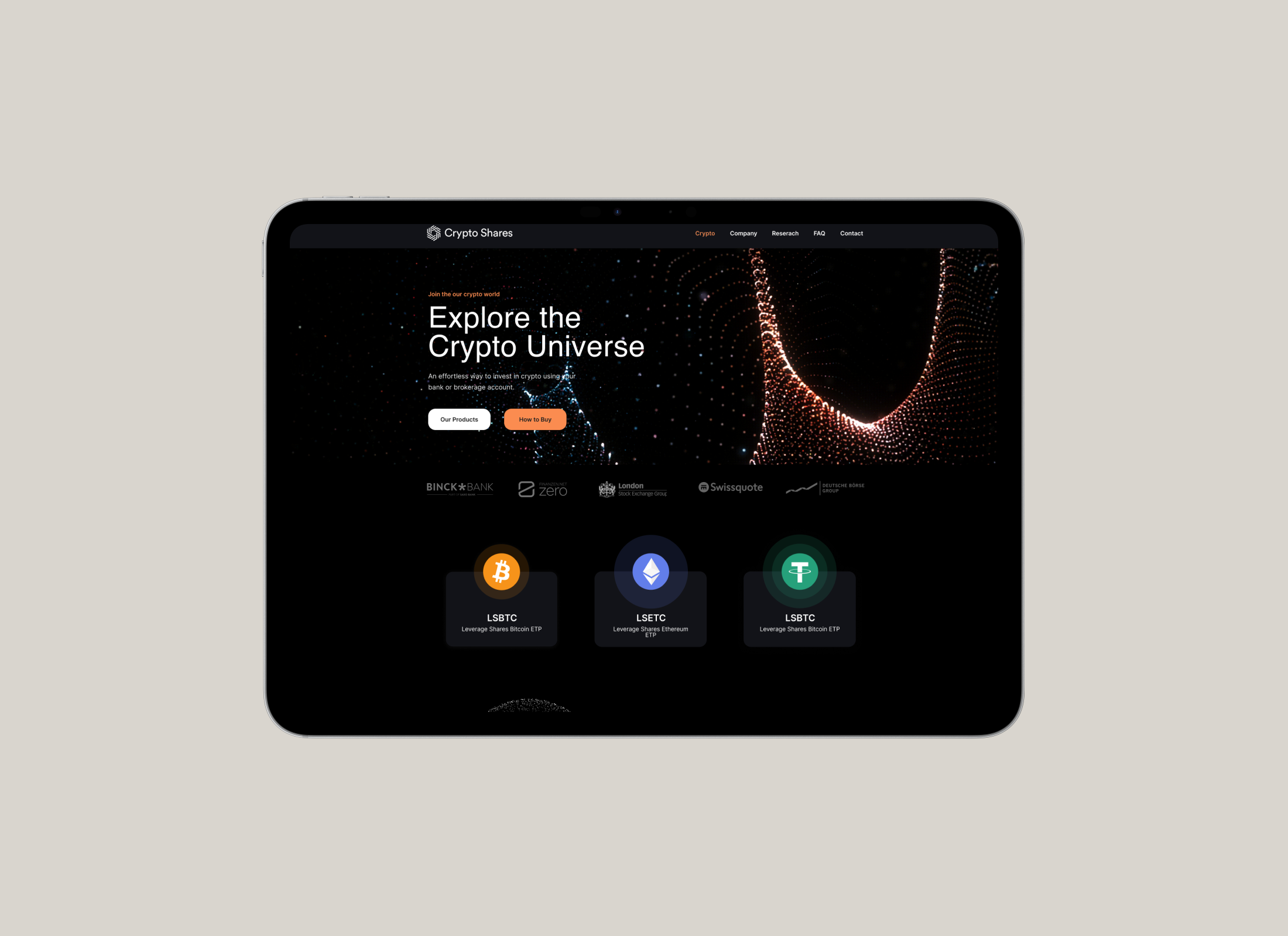 Tablet displaying a website with a dark theme, featuring a headline 'Explore the Crypto Universe' and buttons labeled 'Our Products' and 'How to Buy.' The section below highlights cryptocurrency products such as Bitcoin, Ethereum, and Tether. Various bank and finance-related logos are shown.