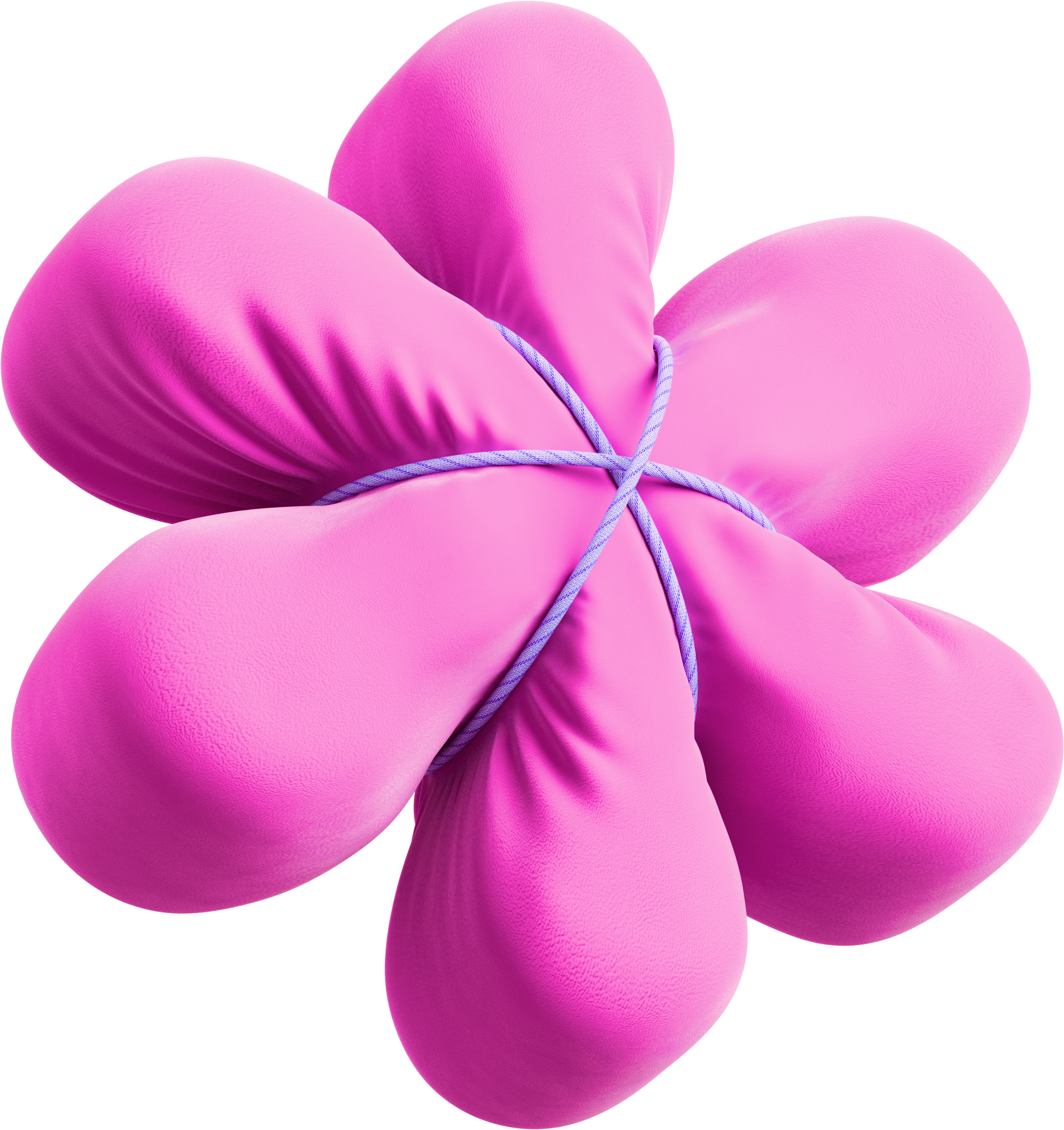 Pink rubber object tied with a blue cord, resembling a flower or balloon sculpture on a white background.