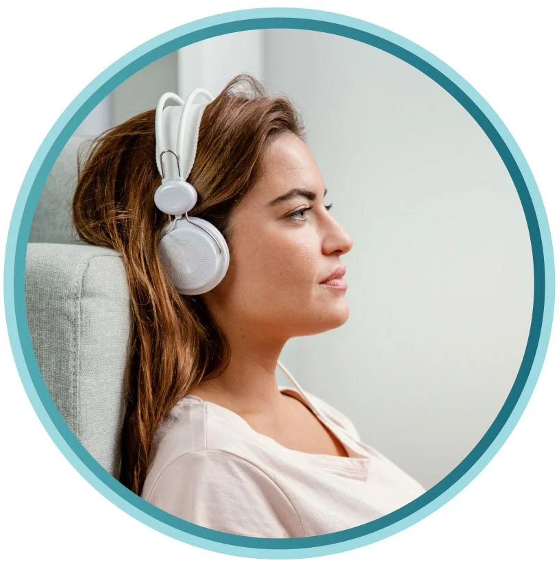 girl watching tv listening with headset