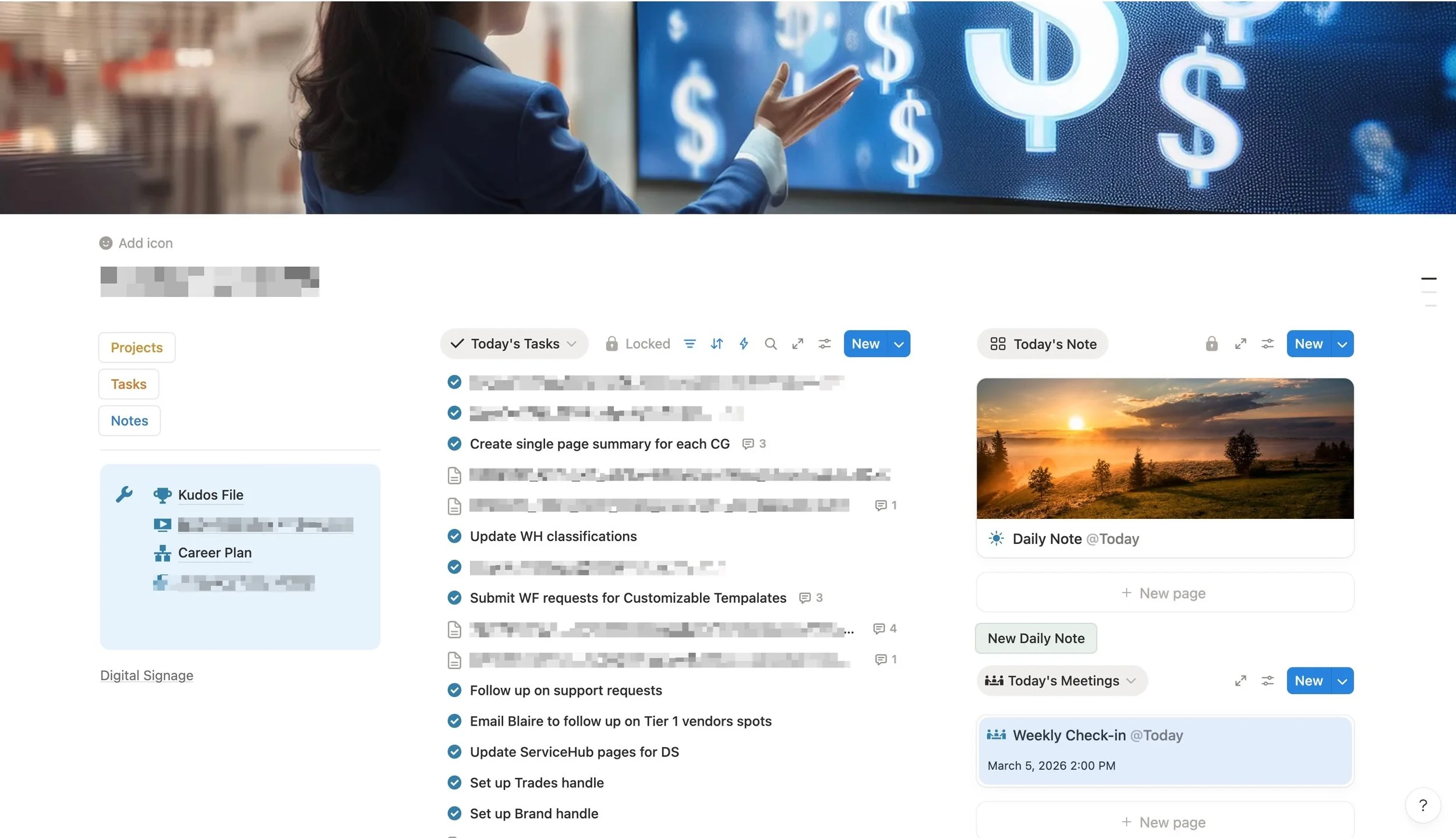 Notion workspace showing daily tasks, project links, meeting notes, and a daily note with a Montana landscape photo, used during a Fortune 500 marketing department role.