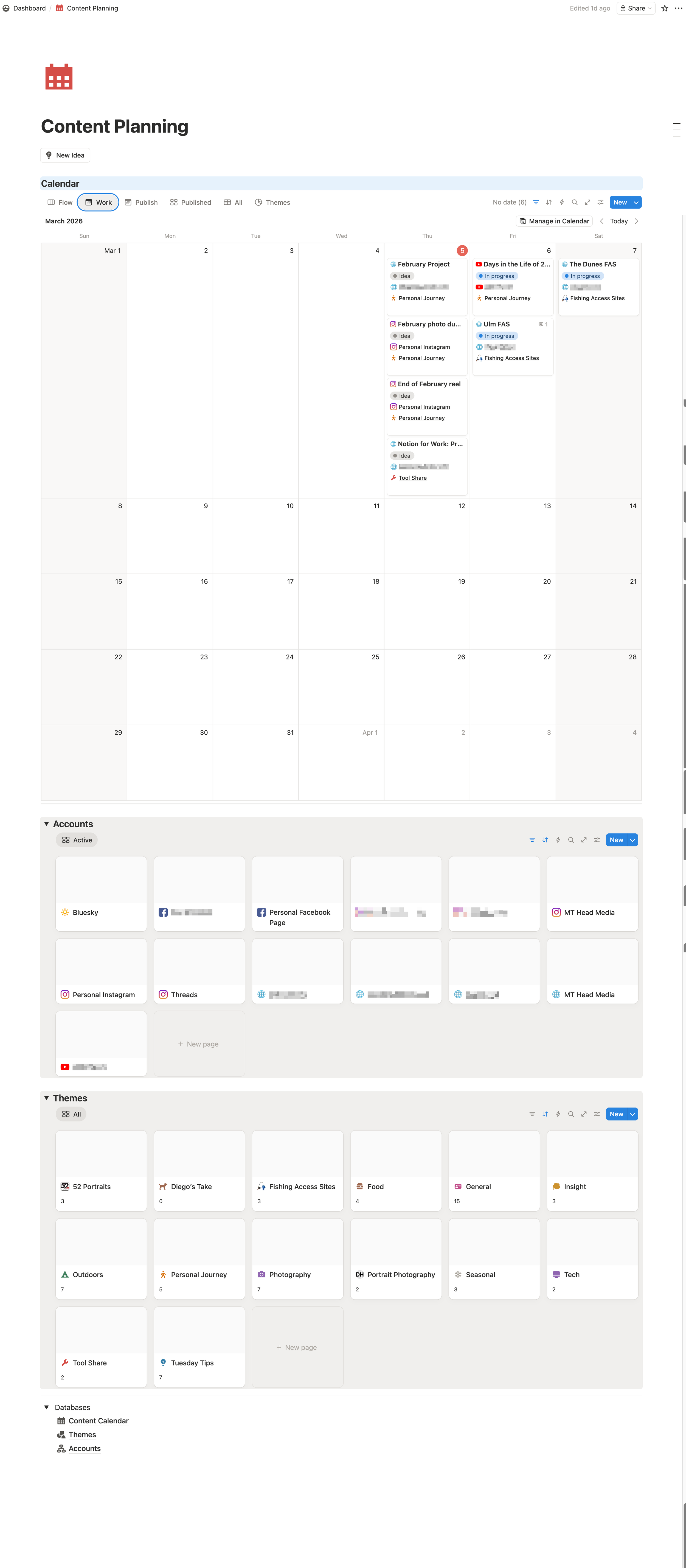 Notion Content Planning workspace showing a March 2026 calendar view with scheduled posts, a social accounts gallery, and a theme grid.