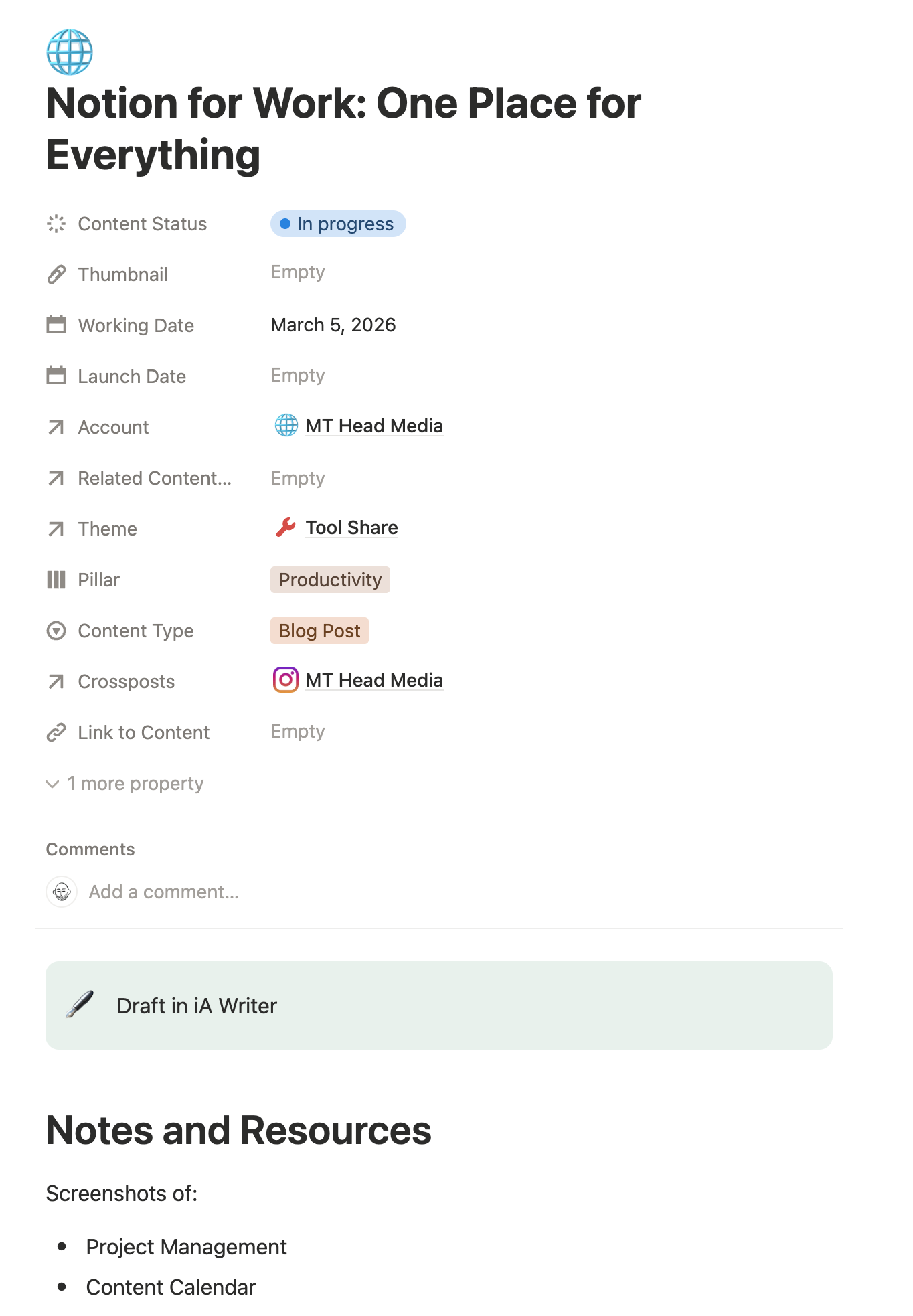 Notion record for this blog post showing status, working date, account, theme, pillar, content type, and cross-post destinations.