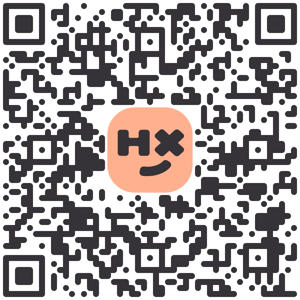 A QR code with a pink center featuring a stylized face with 'H' and 'X' for eyes and a curved line for a mouth.