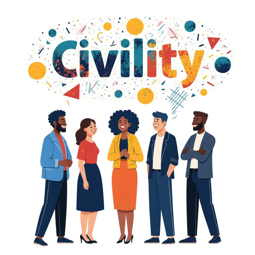 Workplace civility training illustration for organizational workshops on respect, communication, and leadership development.