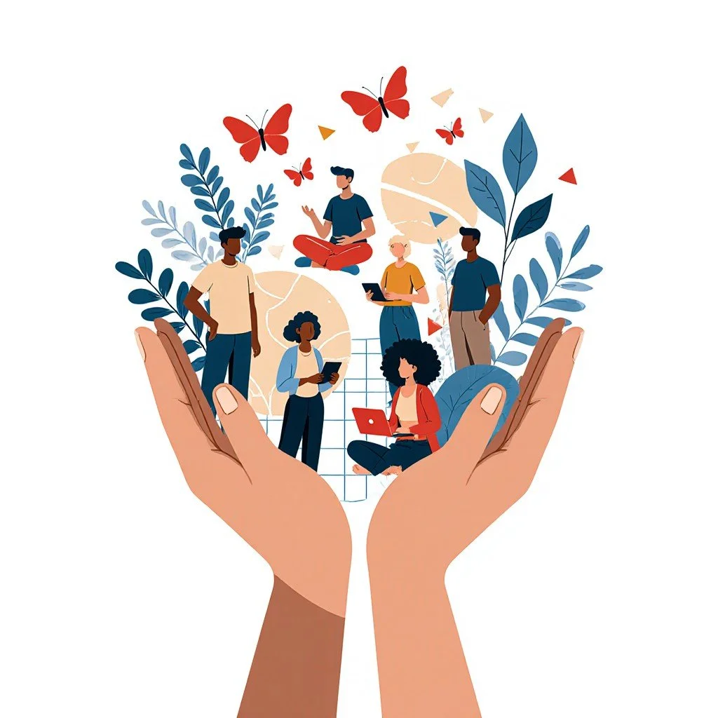 Illustration of diverse leaders and employees supported by open hands, symbolizing leadership development and organizational training programs that help managers at all levels assess, intervene, and transform workplace systems to foster civil, respec