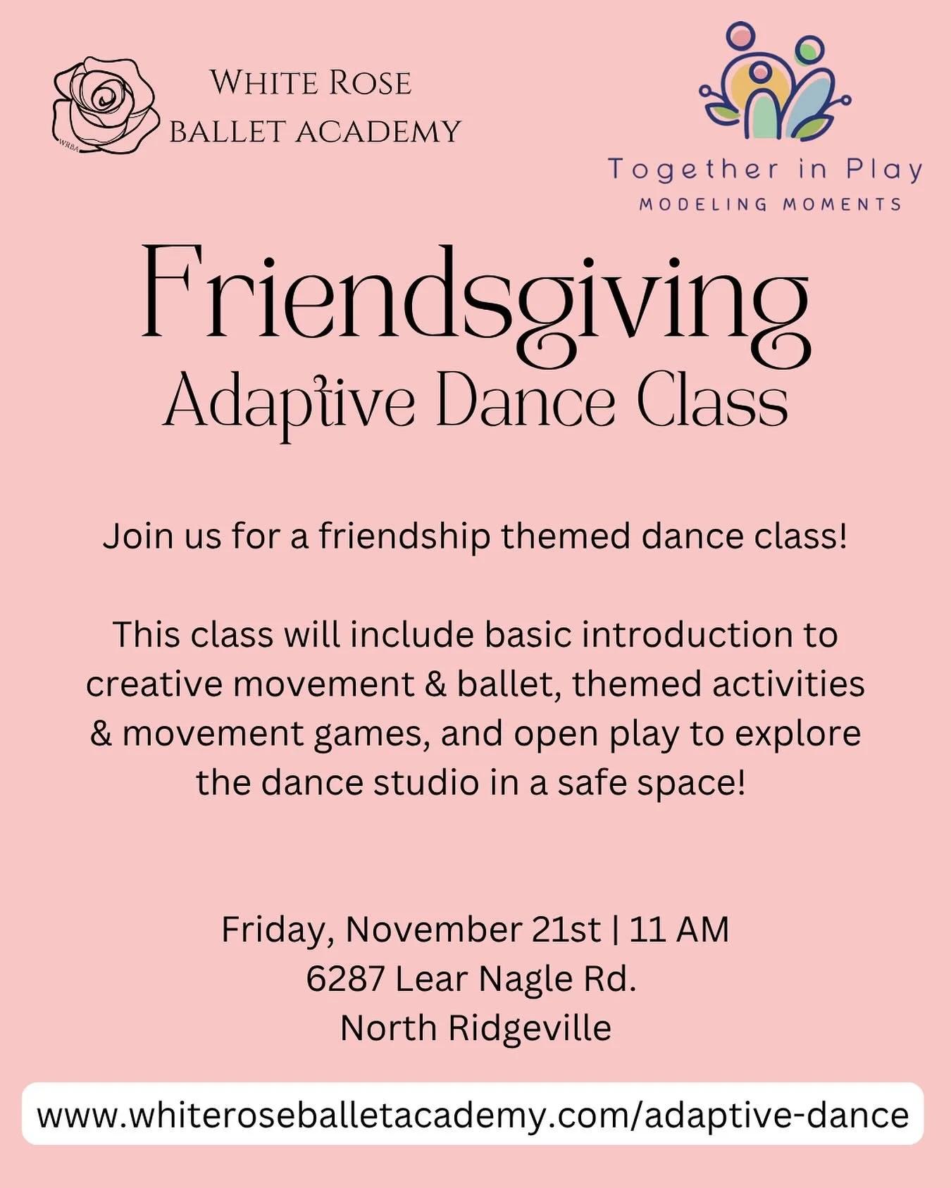 Registration is now open! 

Ages 2-6 of all abilities are invited to the studio for a &ldquo;Friendsgiving&rdquo; themed class! 

In this class, we will learn basic creative movement and ballet skills, play themed movement games and have open play ti