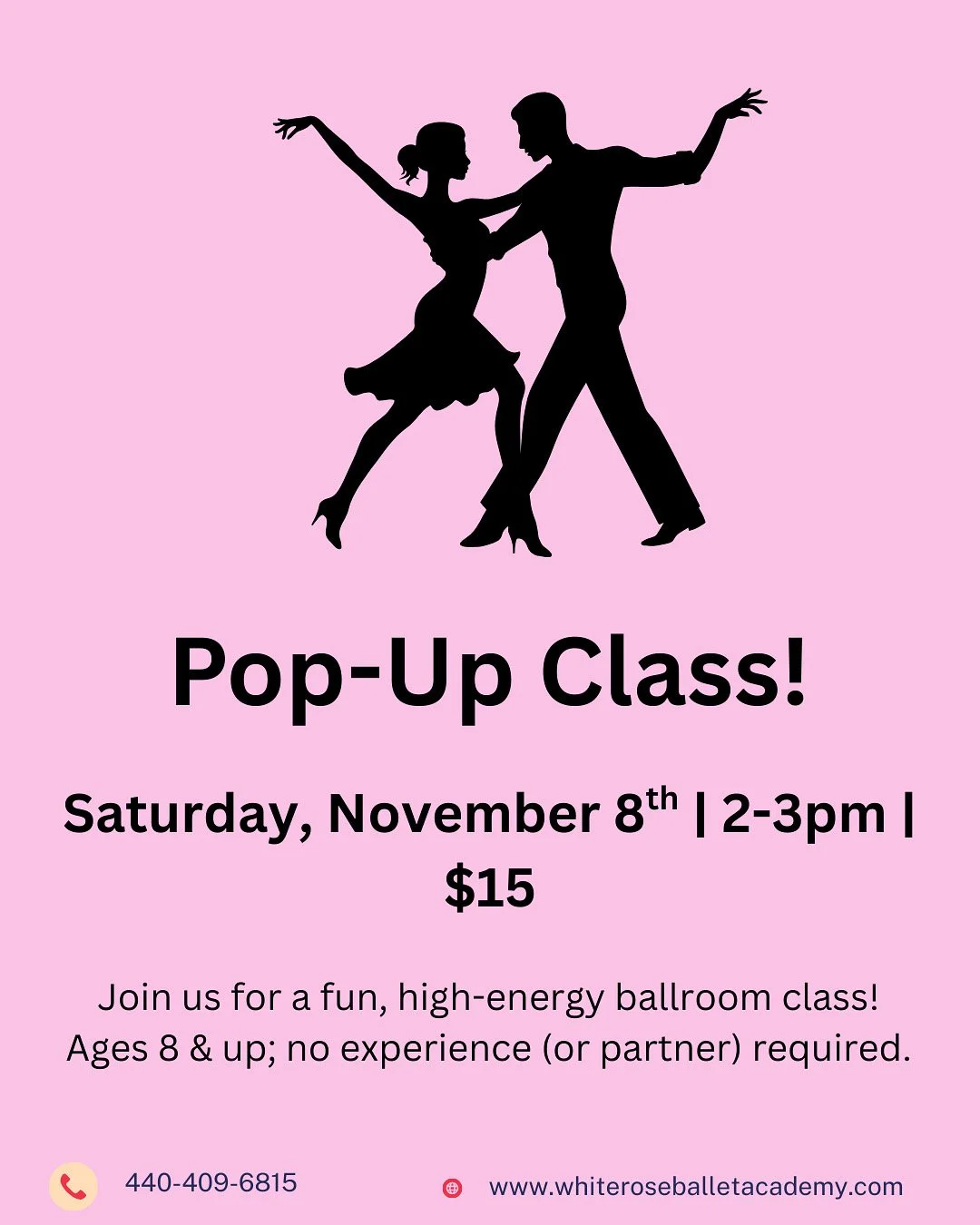 Limited spots remain for our &quot;Pop-Up&quot; Ballroom class! Ages 8 &amp; up (adults welcome too!) and no experience required. Register on our website under the &quot;Events&quot; tab today to reserve your spot!

#beginnerballroom #northridgeville