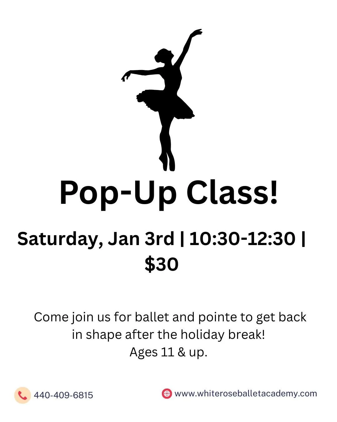 Pop-up Class!

Join us for a ballet class to ease you into the new year! Students ages 11 &amp; up are welcome! Pre-registration is required on our website (link in bio).