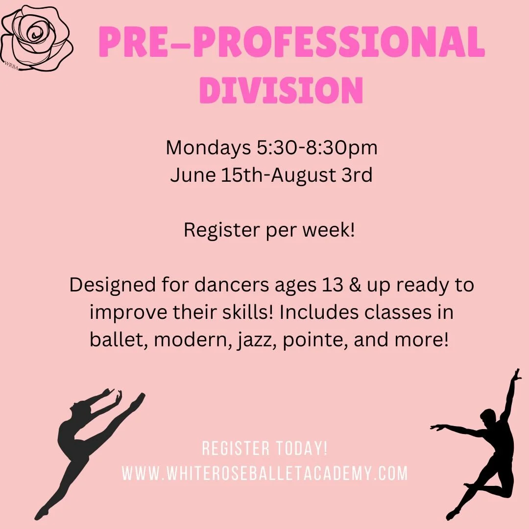 Summer Program registration opens April 1st! 

Our Pre-Professional level is designed for ages 13 &amp; up that are looking to take their dancing to the next level! It&rsquo;s the perfect supplement to your dance training.🩰

Join us for the 8-week s