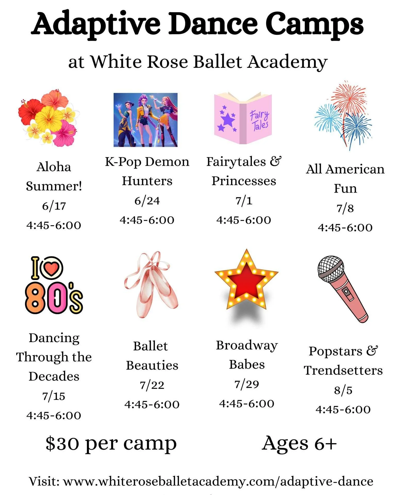 We're so excited to bring back our Adaptive Dance Camps! Our Adaptive Dance program is designed for sit-down dancers and those with sensory needs. If you have questions about the right fit for your child, please contact us! 

Join us for 8 weeks of f
