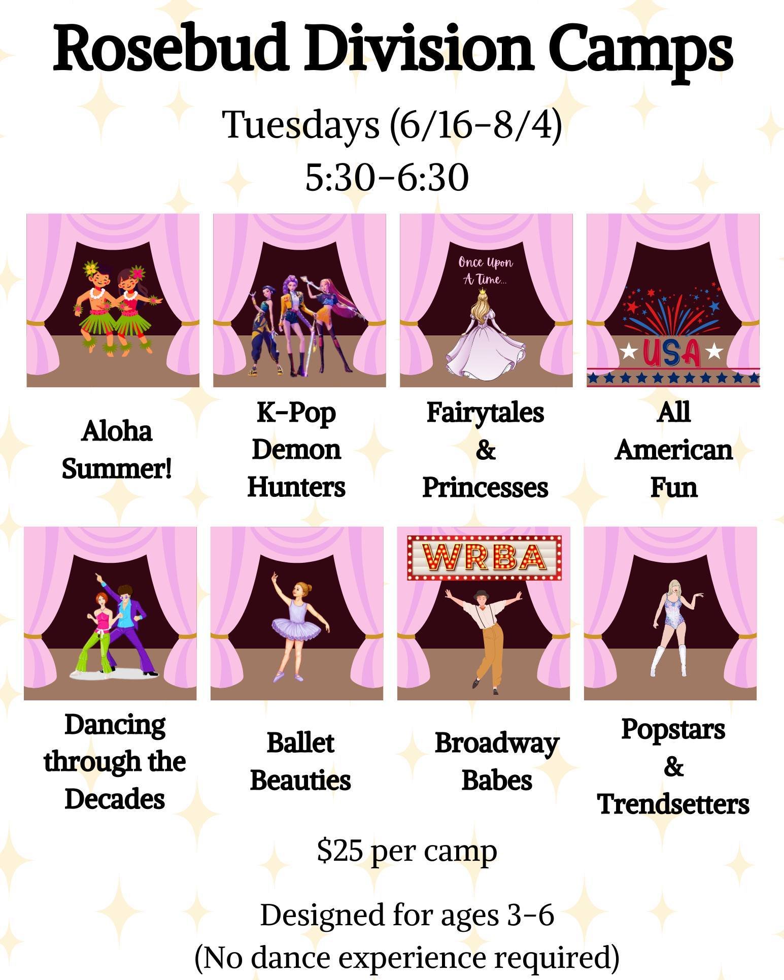 The curtain opens soon on our summer camps! Our Rosebud Division camps are designed for our tiny dancers ages 3-6 and are filled with fun, games, and learning! Register for your dancer's favorite theme, or join us for all of them! Visit www.whiterose