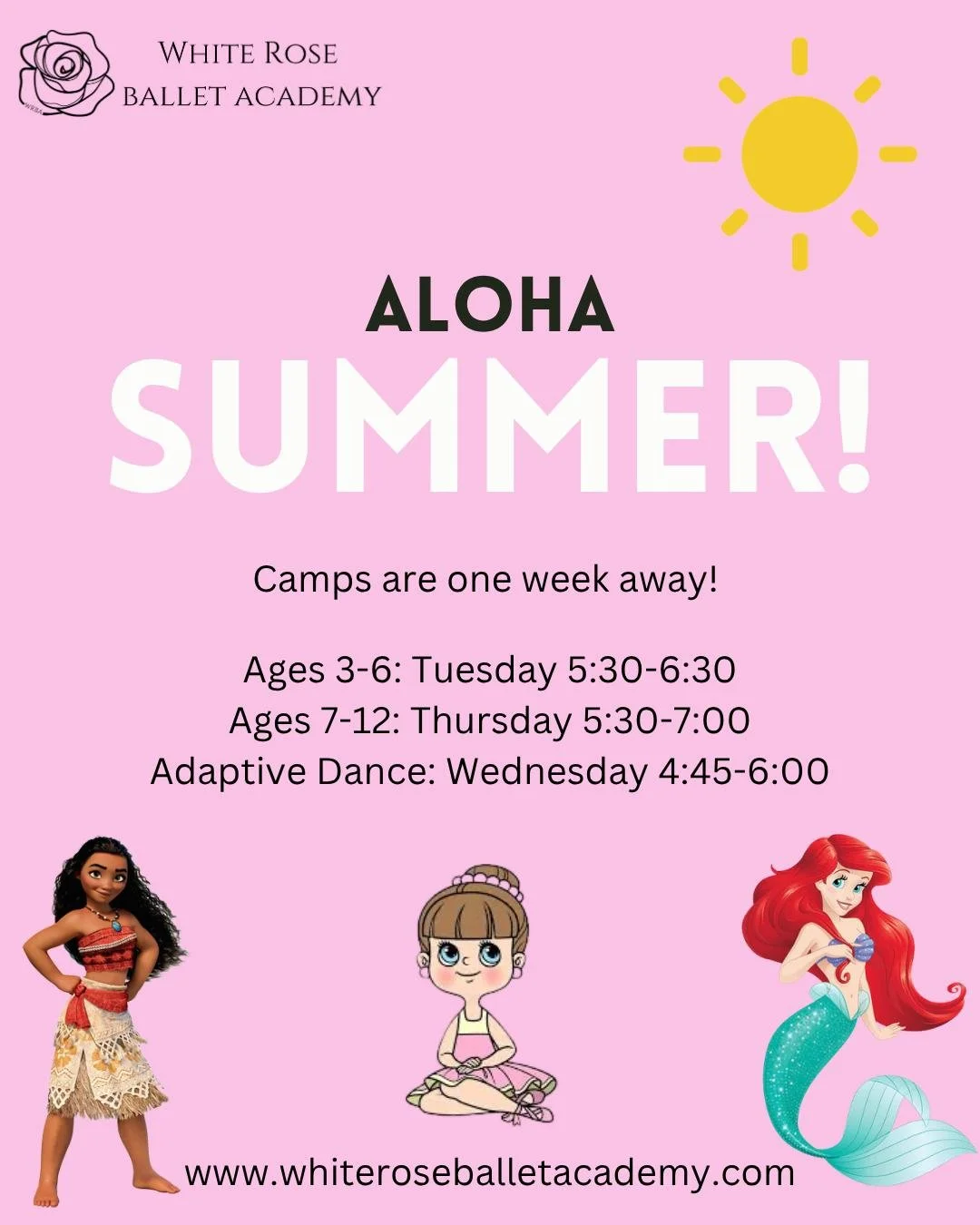 Our first day of summer session is just ONE WEEK away! Join us for our "Aloha Summer" week of camp. Limited spots remain for each session and pre-registration is required. Each camp includes basic ballet instruction, fun creative movement g