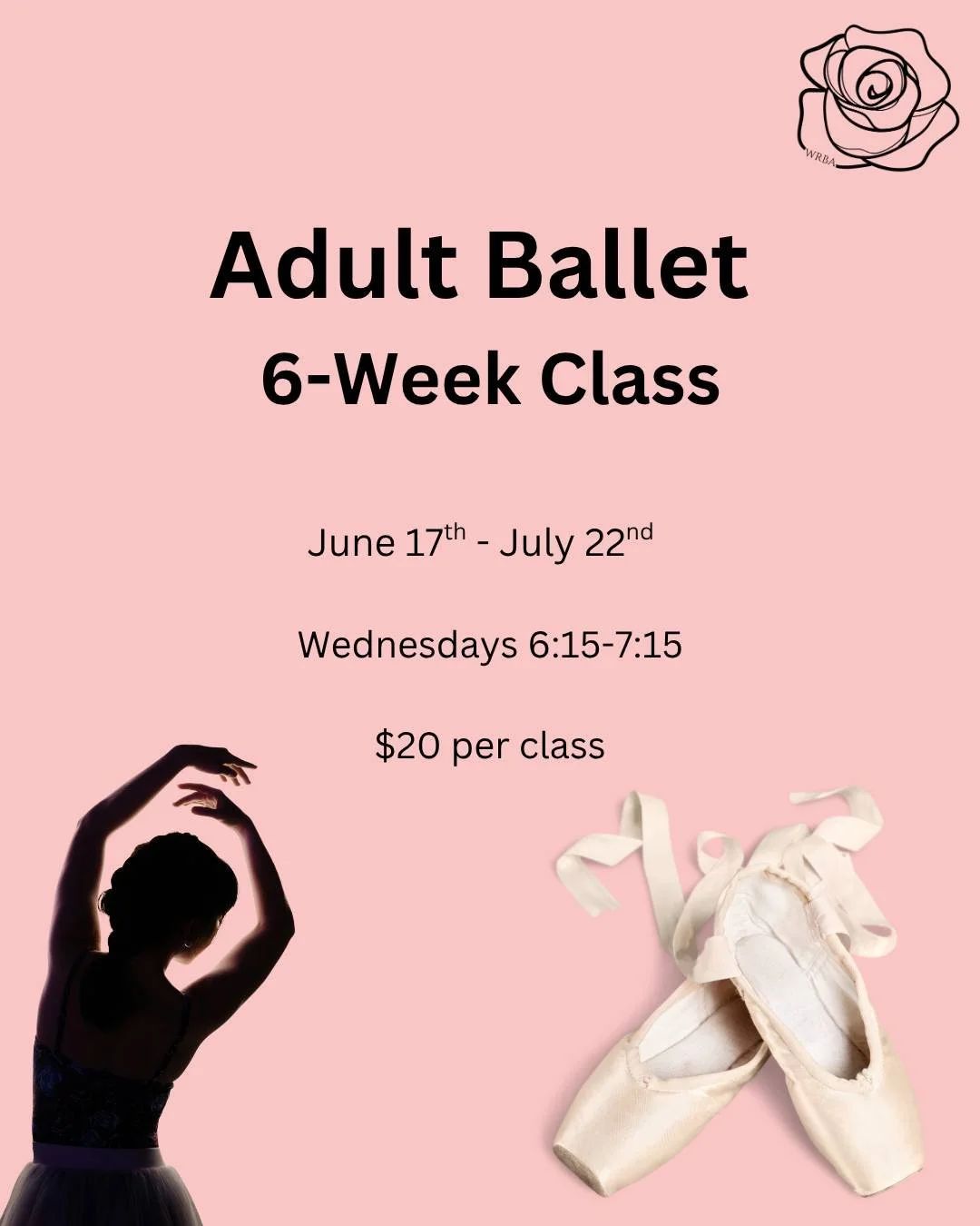 Adult ballet begins one week from today! Fill out the form on our website at www.whiteroseballetacademy.com/adult-ballet to join us. No experience is required, just a willingness to learn!