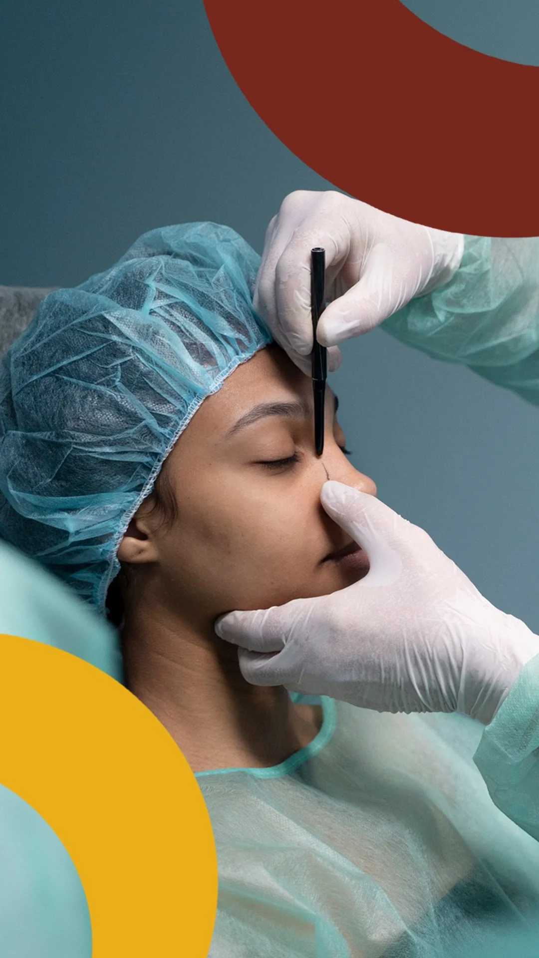 Person preparing for cosmetic procedure with face marked, wearing surgical cap and gown, and medical gloves.